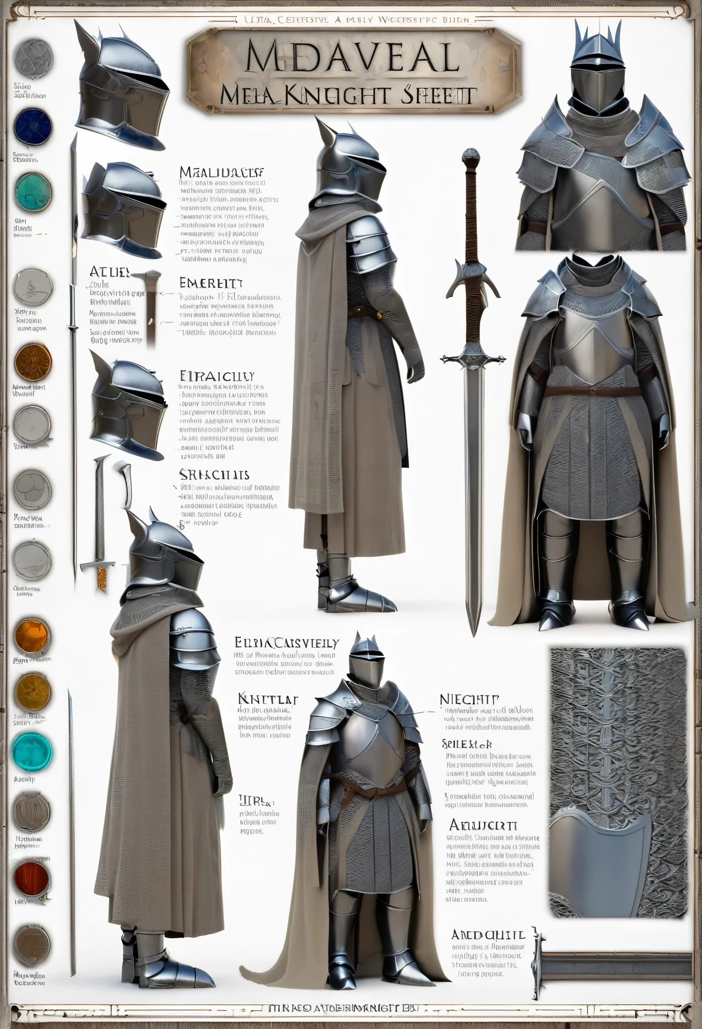 ((masterpiece)), (ultra detailed), (best quality)A character sheet of Mediaeval knight with various angles and full body views. Infographic diagram, details such as his utility Sword, armour, magic items. 3D style, perfect lines, highly polished surfaces, white background