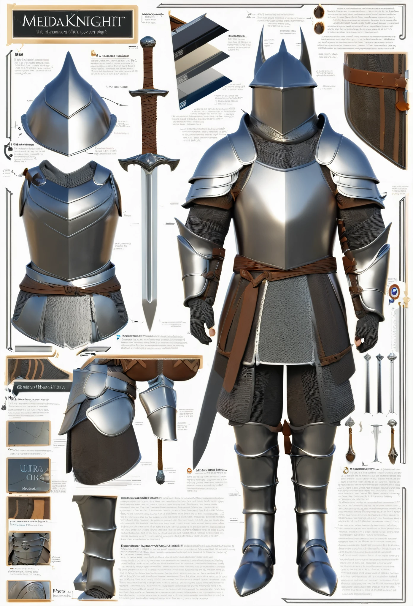 ((masterpiece)), (ultra detailed), (best quality)A character sheet of Mediaeval knight with various angles and full body views. Infographic diagram, details such as his utility Sword, armour, magic items. 3D style, perfect lines, highly polished surfaces, white background