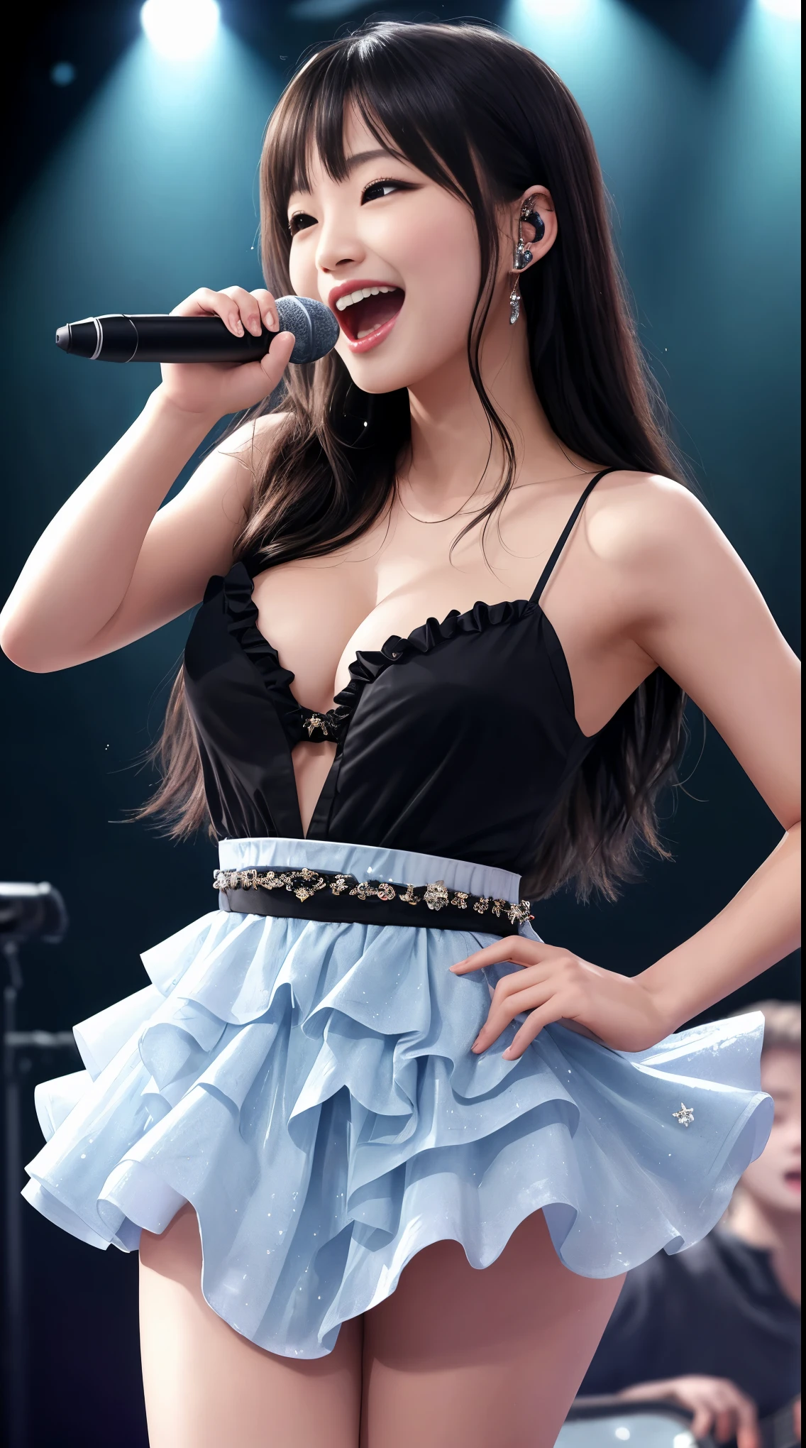 masterpiece、最high quality、high quality、premium quality、wonderful品質、Exceptional quality、excellent quality、Luxurious quality、excellent quality、best image quality、8K、最High resolution、High resolution、Rich shades、shining quality、crystal clear、realistic images、perfect details、Image without defects、clear image、wonderful表示、bright colors、deep contrast、high fidelity、amazing clarity、optimal performance、realistic、wonderful、perfect image、Close to reality、Realistic human body in every detail、Realistic skin in every detail、Realistic face in every detail、Realistic eyes down to the details、Realistic lips in every detail、Realistic teeth in every detail、Realistic ears down to the last detail、Realistic hair down to the last detail、Realistic arms down to the last detail、Realistic reproduction of every detail、Realistic fingers in every detail、(fine hands、thumb1reference4)、Realistic feet in every detail、pretty girl、beautiful girl、attractive girl、attractive young woman、wonderfulティーンエイジャー、adorable girl、Shining Girl、innocent girl、sweet girl、beautiful adolescent girl、cute young woman、 the girl who captures your heart、dazzling girl、elegant girl、((beautiful japanese girl))、((japanese model))、((18-year-old))、(black hair)、(random hairstyle)、((whole body))、((beautiful upturned chest))、(slim style、slender style)、(whole body光沢肌、Fair skin)、Detailed and realistic human body、detailed realistic skin、detailed realistic face、detailed realistic arms、detailed realistic fingers、Detailed realistic feet、(professional lighting)、((big stage venue))、((large concert venue))、(on stage)、((Idol))、((singer))、((Rainbow-colored transparent see-through(stage costume with frills))、(((on stage(microphone1have、Sing enthusiastically)))、(whole body映像)、(Lots of galleries、large audience)、Close-up from random angle