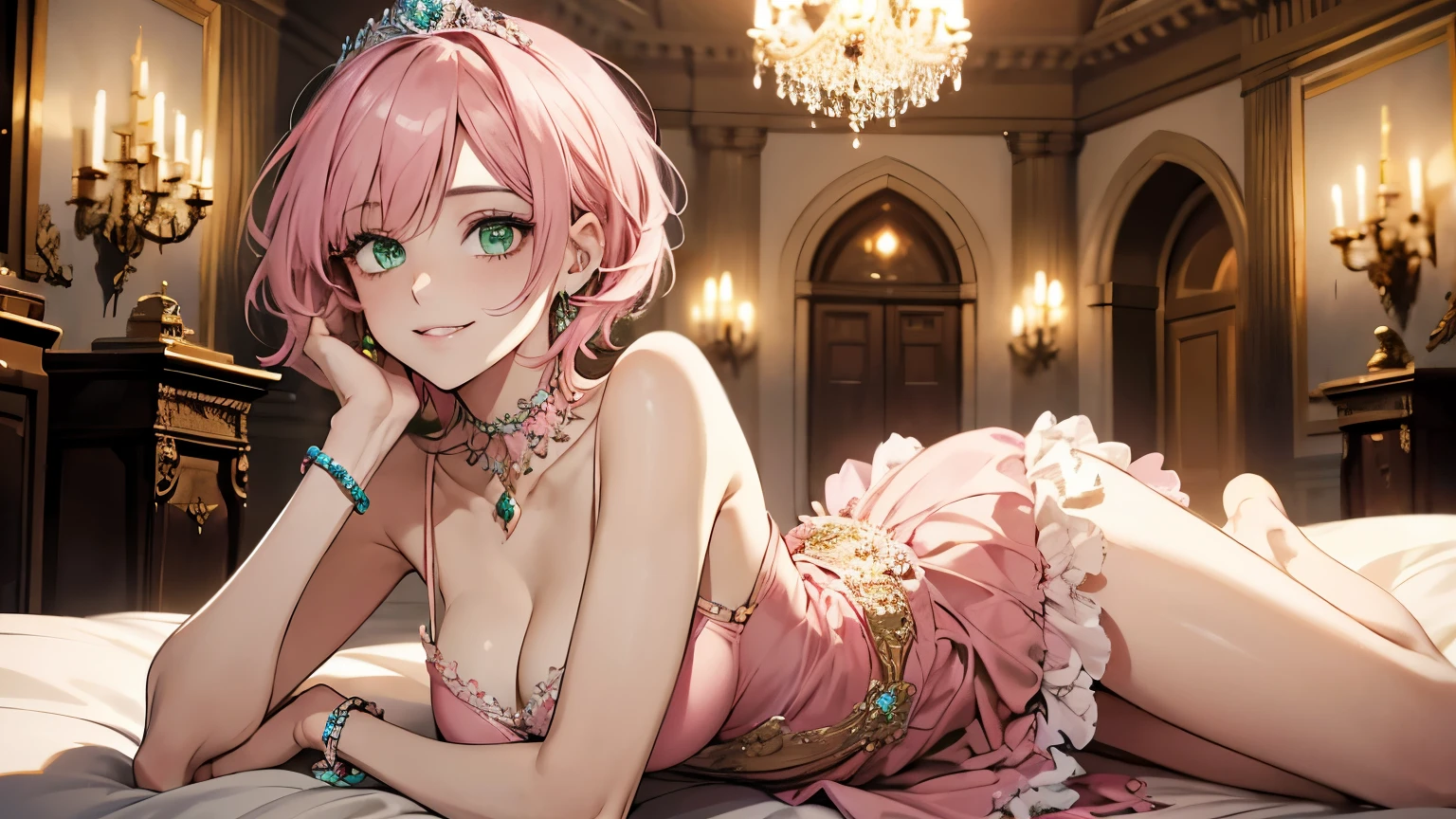 A young princess, beautiful, short pink hair, green eyes, wearing luxurious jewelry on her neck, wearing a low-cut pink dress, has medium tits, her face shows a perverted smile, she is in a luxurious room in a castle