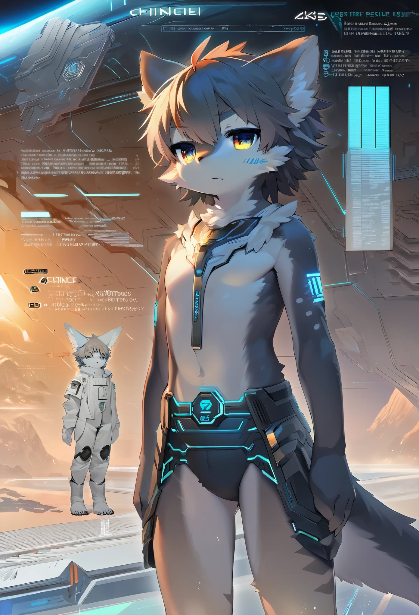 ((masterpiece)), (ultra detailed), (best quality), detailed background, (style of Science Fiction), (concept art, character sheet), game package, absurdres(highly detailed beautiful face and eyes)perfect anatomy(angelic handsome boy, kemono, *****)(furry anthro),