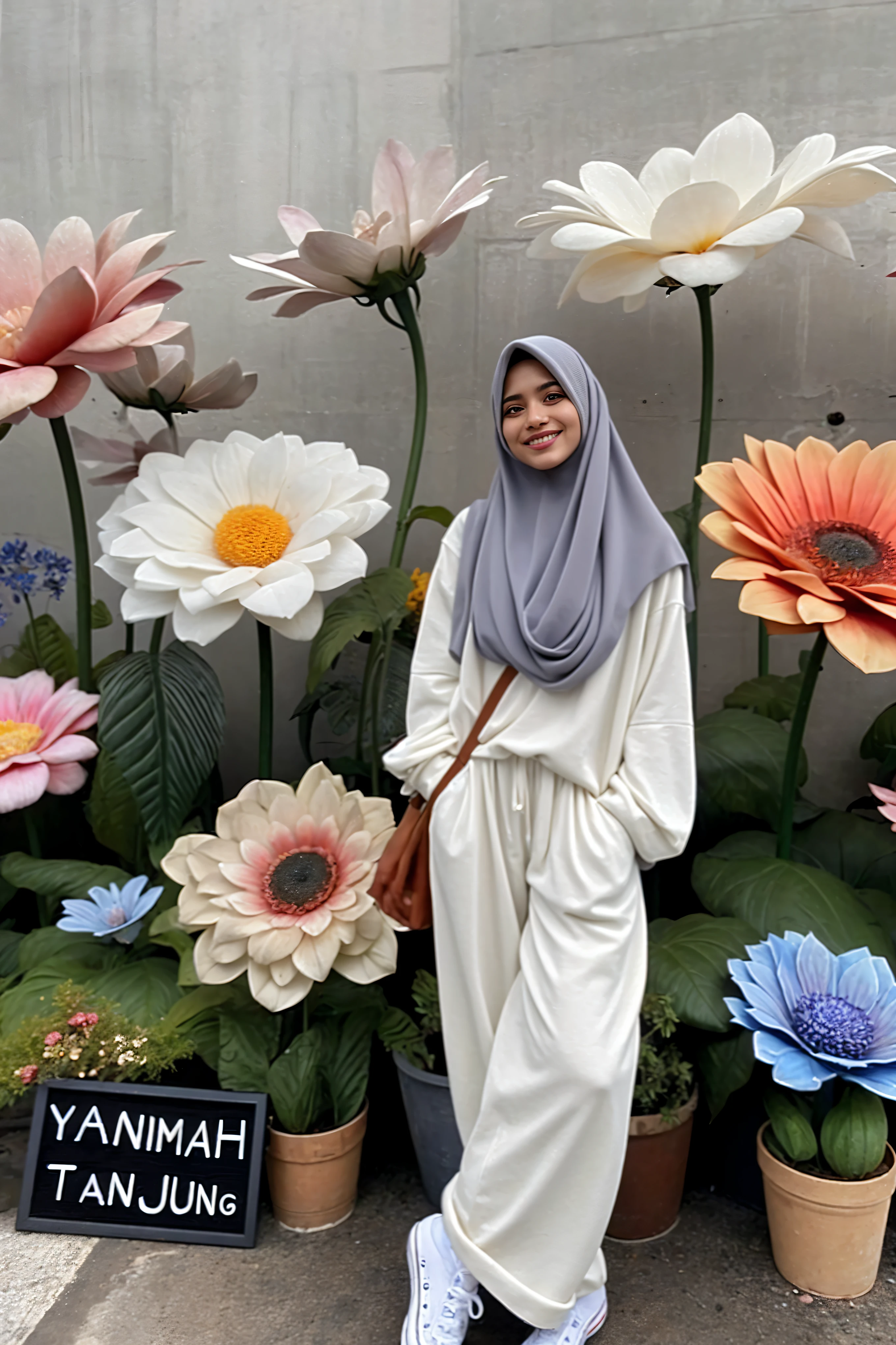 there is a woman standing in front of a display of flowers, white hijab, hijab, with flowers, in garden, ๐๐น๐พ, inspired by Naza, โ๐ช๐๐ฉ๐พ, flowers in background, taken in 2 0 2 0, inspired by Fathi Hassan, aesthetic!!, in pastel colors, an aesthetic!, smooth in _ the background