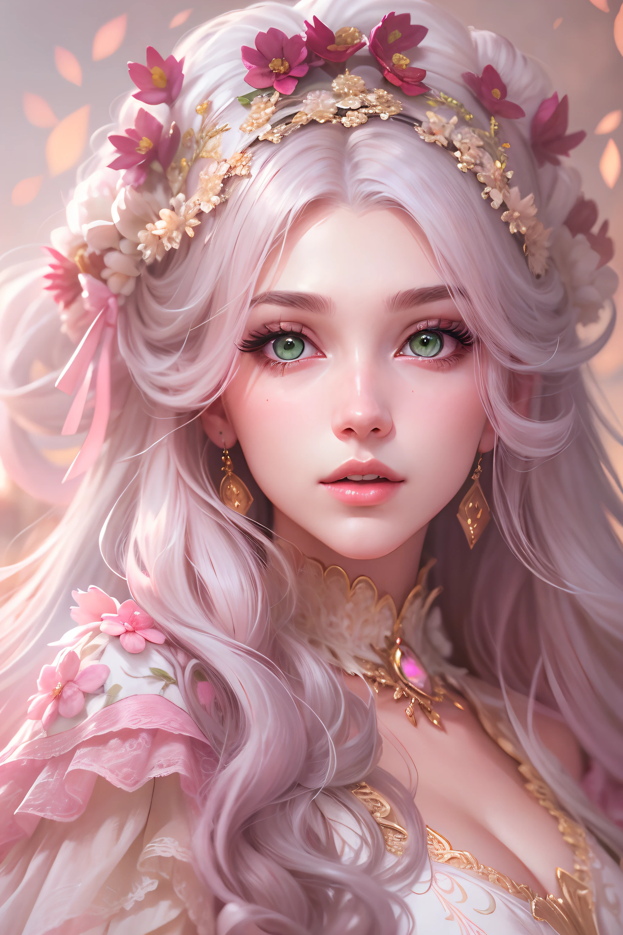 alta calidad, muy detallado CG unidad 8k fondo de pantalla hermosa chica, ojos verdes, Oil painting, pink rococo dress, pelo largo y blanco