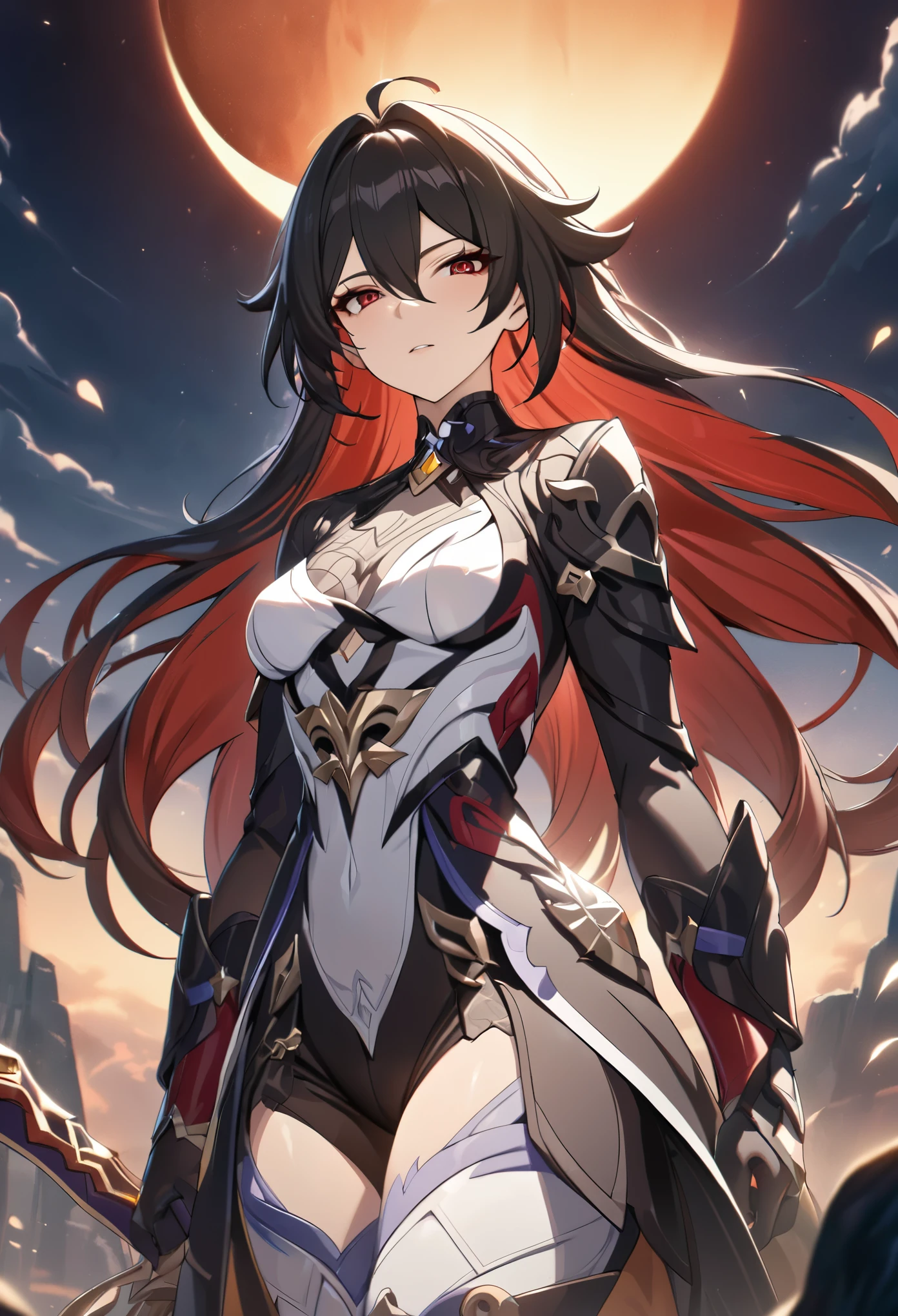 ((solo)), (woman), cherry red eyes, raven black hair, very long messy hair, vibrant red colored inner hair, (sculpted body), thick, mature body, a close up of a person with a sword in a desolate land detailed key anime art, honkai star trail character, casimir art, masamune shiro, masamune, beautiful woman in demon slayer art, genshin, heise jinyao, shadowverse style, (no logos), eclipse, black powers, twilight scenery, detailed clothes, eye reflection, depth of field, cinematic lighting, ray tracing, depth of field, cinematic lighting, ray tracing, UHD, high details, best quality, highres, high quality, award winning, super detail, masterpiece, 8k, UHD, high details, best quality, highres, high quality, award winning, super detail, masterpiece, 8k
