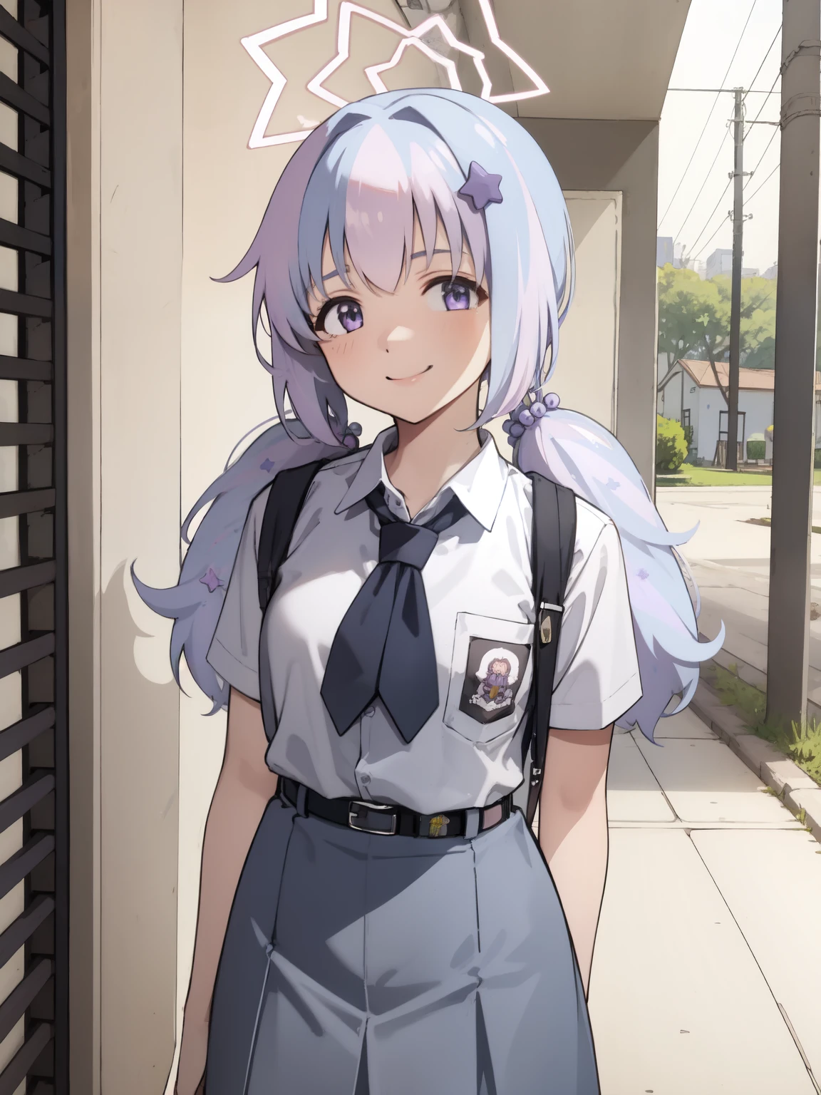 Masterpiece,hd, 2d best quality, 1girl, indoor, standing, looking at viewer, upper body, smile, reisaid, twintails, purple eyes, hair ornament, halo, cewe-sma, from fitting, white shirt, gray skirt, belt, looking at viewer, light smile, outdoor, school