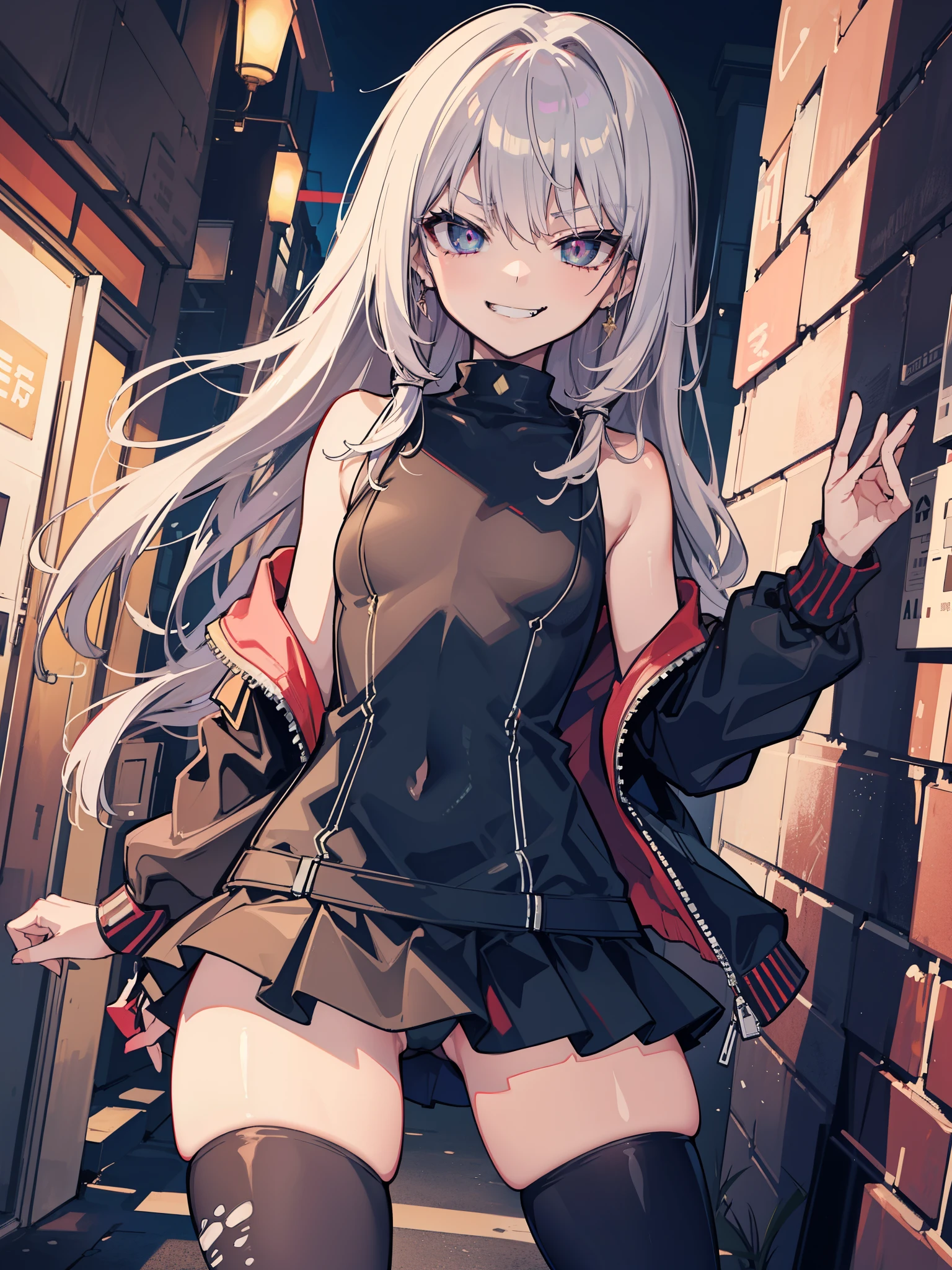 (hentai:1.2), (best quality:1.2), (highest quality:1.2), (dark alley:1.1), 1girl, solo, (evil smirk:1.2), skirt, thigh high stocking, blouse, young girl, (thick thighs:1.05), amazing body, (small breasts:1.1), athletic body, high quality eyes, (perfect anatomy:1.1), hyper detailed, 4k, best resolution, high quality shadows, high quality light, best quality upscale, highest quality upscale