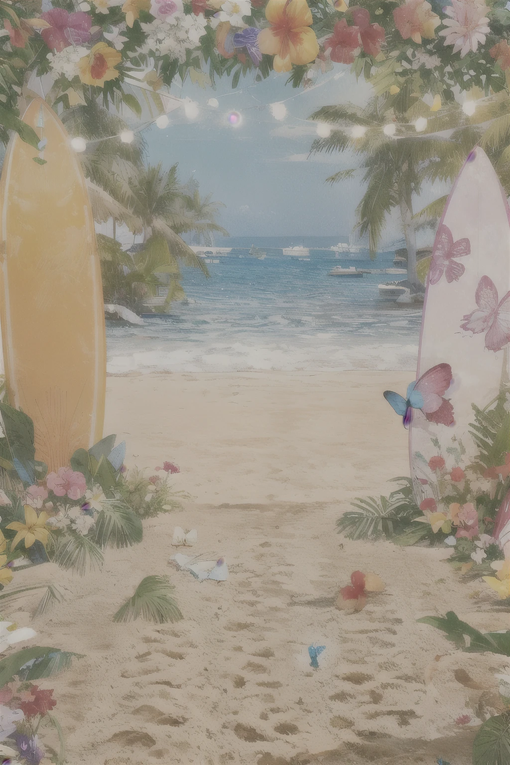tropical beach scene with surfboards and flowers and butterflies, tropical beach paradise, beach background, tropical beach, 热带background, at a tropical beach, tropical paradise, background, magical beach, beach trees in the background, beach aesthetic, beach , beach setting, holiday, 海边background, beautiful magical palm beach, beach scene, 惊人的background, in the beach
