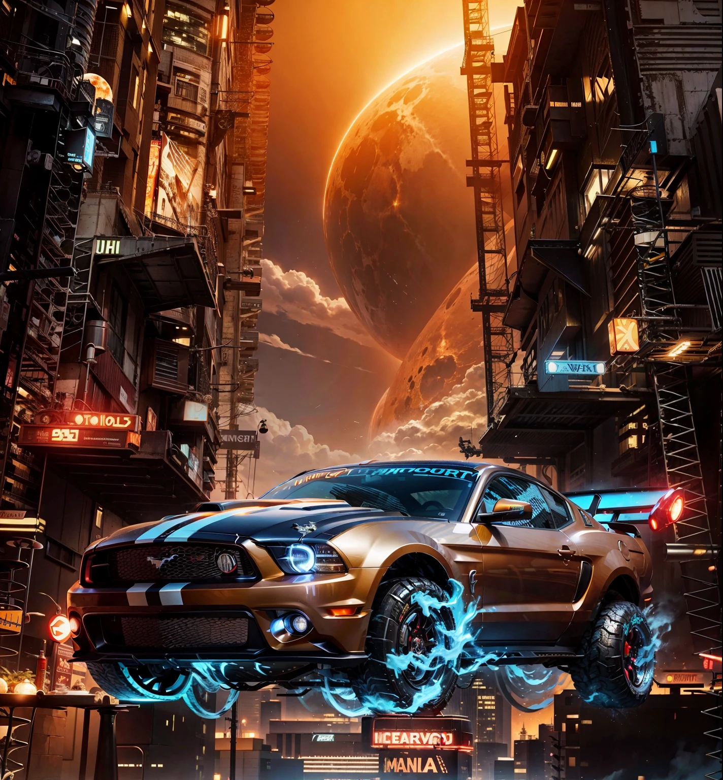 A super muscle car Hover Mustang Sci fi style headlights on flying in the foreground, behind is a sci fi city with sci fi buildings lighted by neon lights, in the background theres a huge red planet 