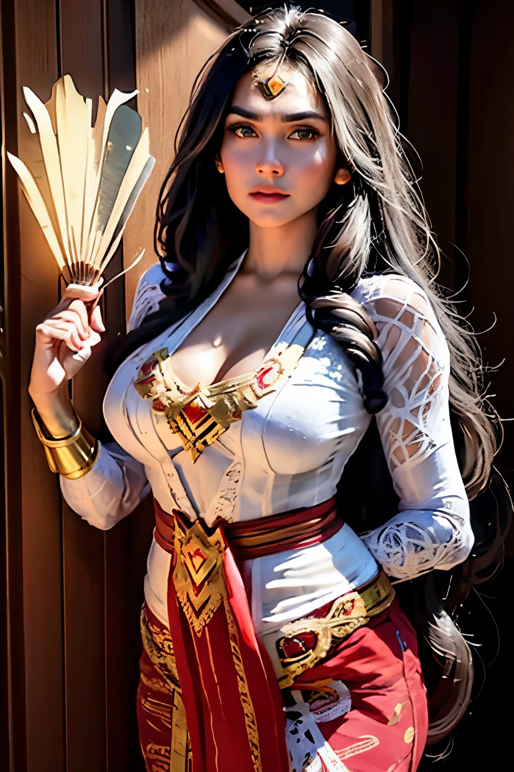 Hyperrealist portrait of female wonder woman big breast topless wearing opened white balinese kebaya, long black hair, by david hockney and alphonse mucha, fantasy art, photo realistic, dynamic lighting, artstation, poster, volumetric lighting, very detailed faces, 4 k, award winning,, 1girl, in the dark, deep shadow, low key