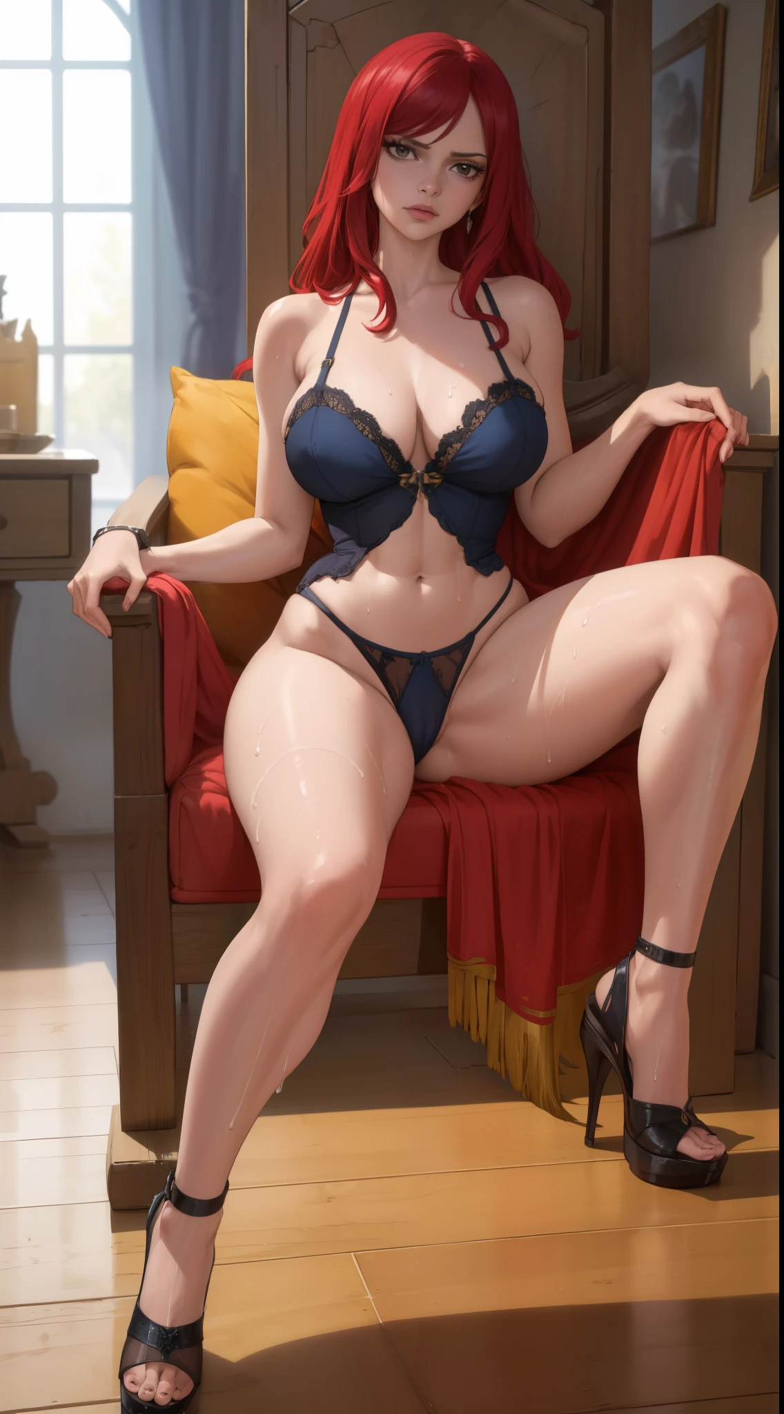 (best quality,4k,8k,highres,masterpiece:1.2),ultra-detailed,(realistic,photorealistic,photo-realistic:1.37),sat on the iron throne, dressed in thong panties and blue high heels and with her legs spread with her white panties wet, body soaked in sweat, full colored
