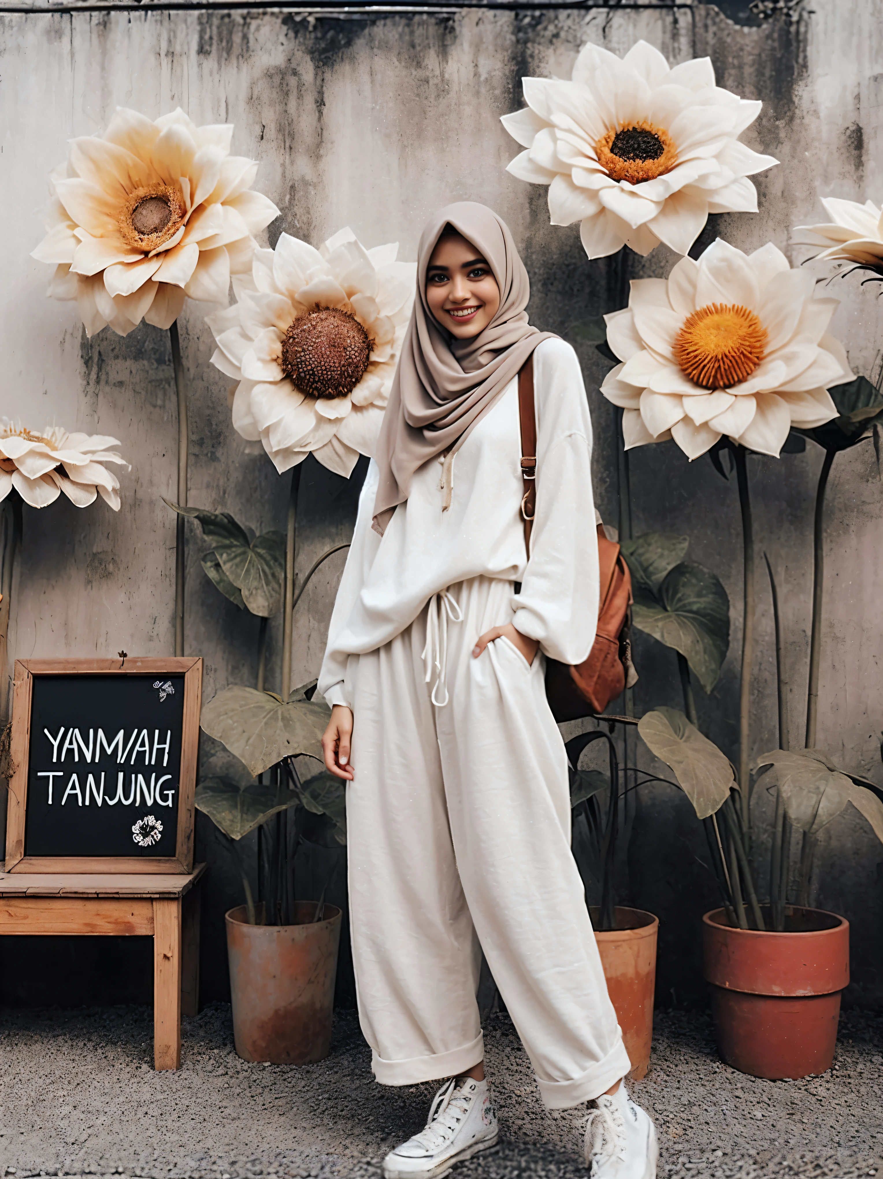 there is a woman standing in front of a display of flowers, white hijab, hijab, with flowers, in garden, 👁🌹👾, inspired by Naza, ☁🌪🌙👩🏾, flowers in background, taken in 2 0 2 0, inspired by Fathi Hassan, aesthetic!!, in pastel colors, an aesthetic!, smooth in _ the background