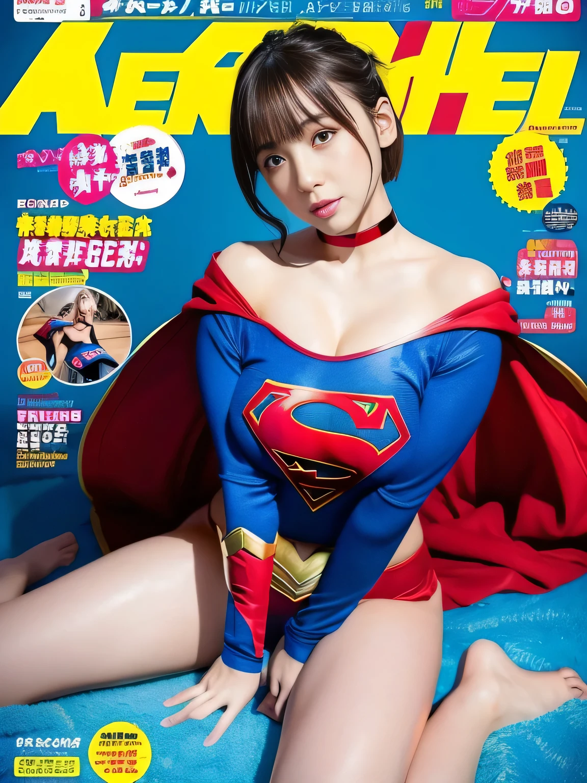 masterpiece、supergirl costume、short hair、barefoot、big and full breasts、public health center、break your legs on the bed、Sexy pose to seduce、model body shape、shiny、looking at camera、choker、long sleeve、red mini skirt、Weekly magazine cover、gravure magazine、sweaty、Exciting、off shoulder、