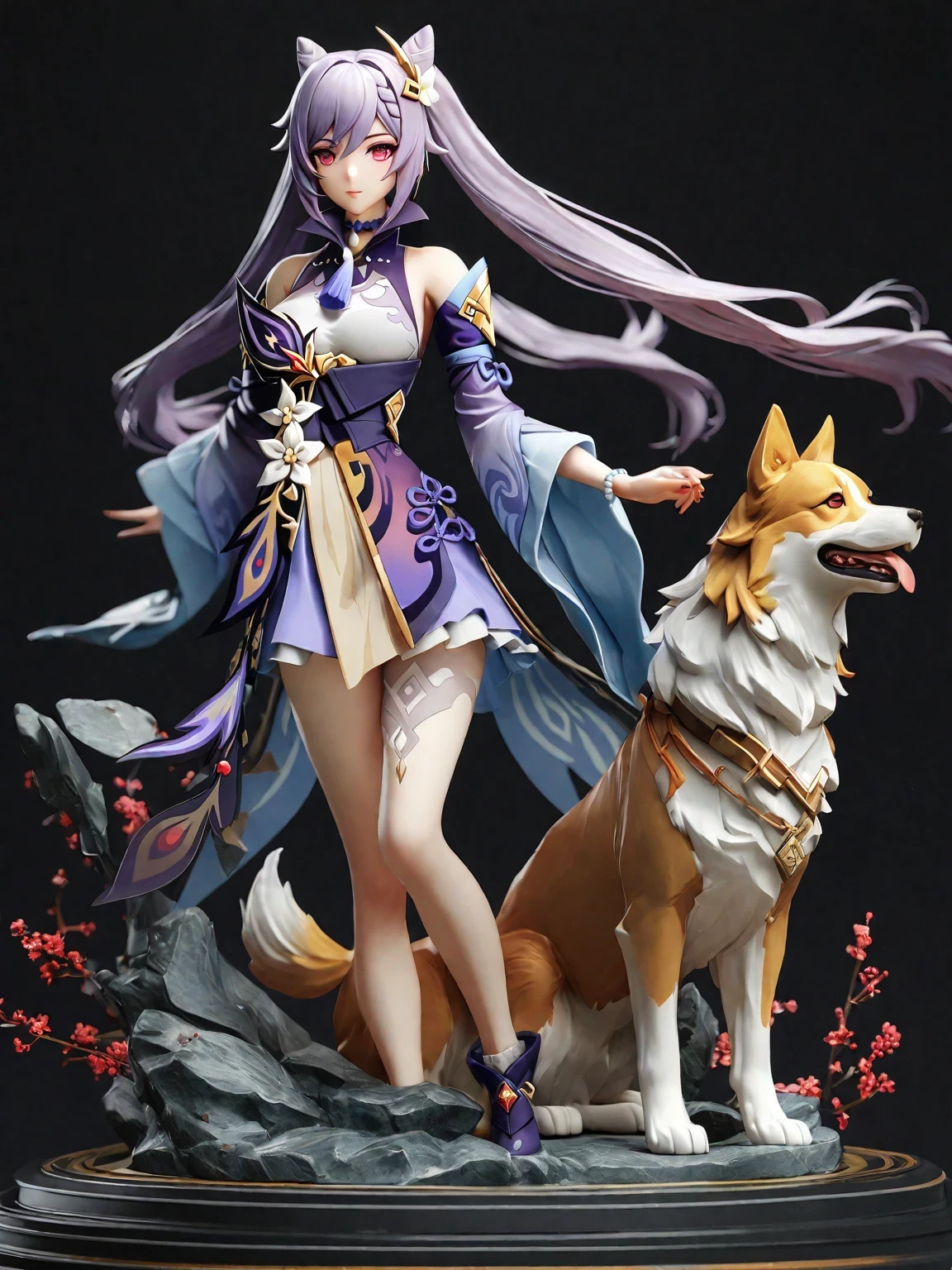 diy23，Highest quality, ultra-high definition, masterpieces, 8k, realistic, anime styled, 3d render，arafed image of a statue of a woman with a dog, onmyoji detailed art, ( highly detailed figure ), onmyoji, zhongli from genshin impact, pvc figurine, anime figurine, ahri, detailed fanart, keqing from genshin impact, reimu hakurei, 8k high quality detailed art, anime highly detailed