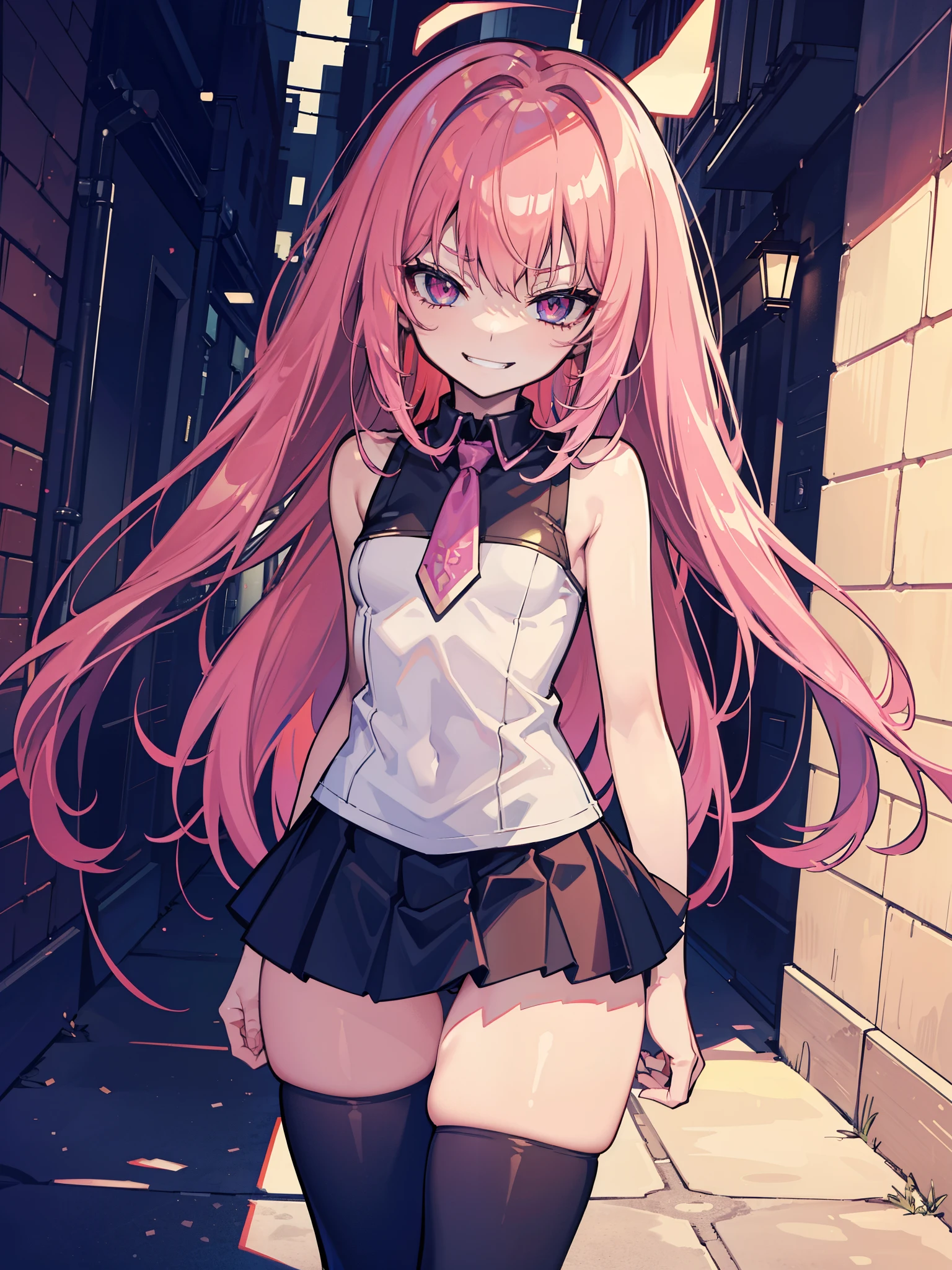 (hentai:1.2), (best quality:1.2), (highest quality:1.2), (dark alley:1.1), 1girl, solo, (evil smirk:1.2), lewd, (sexy pose:1.1), skirt, thigh high stocking, blouse, young girl, amazing body, (small breasts:1.1), athletic body, high quality eyes, (perfect anatomy:1.1), hyper detailed, 4k, best resolution, high quality shadows, high quality light, best quality upscale, highest quality upscale
