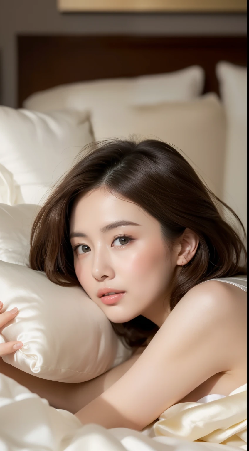 ulzzang-6500-v1.1,(masterpiece, highest quality:1.3), (Ultra-detailed 8K:1.2), (hyperrealistic:1.35),(Raw photo:1.2),highest quality, High resolution, wallpaper, realistic, (dramatic, Realistic painting art by Midjourney:1.3), BREAK 1girl, 18yo,slender, Super beautiful, (brown hair, larger breasts: 1.3), (in a white silk slip, beautiful feet: 1.1), beautiful skin, beautiful eyes, detailed face, super delicate face, delicate eyes, double eyelid, smile, necklace, on the bed, hotel room, sexy position, leaning forward, cleavage