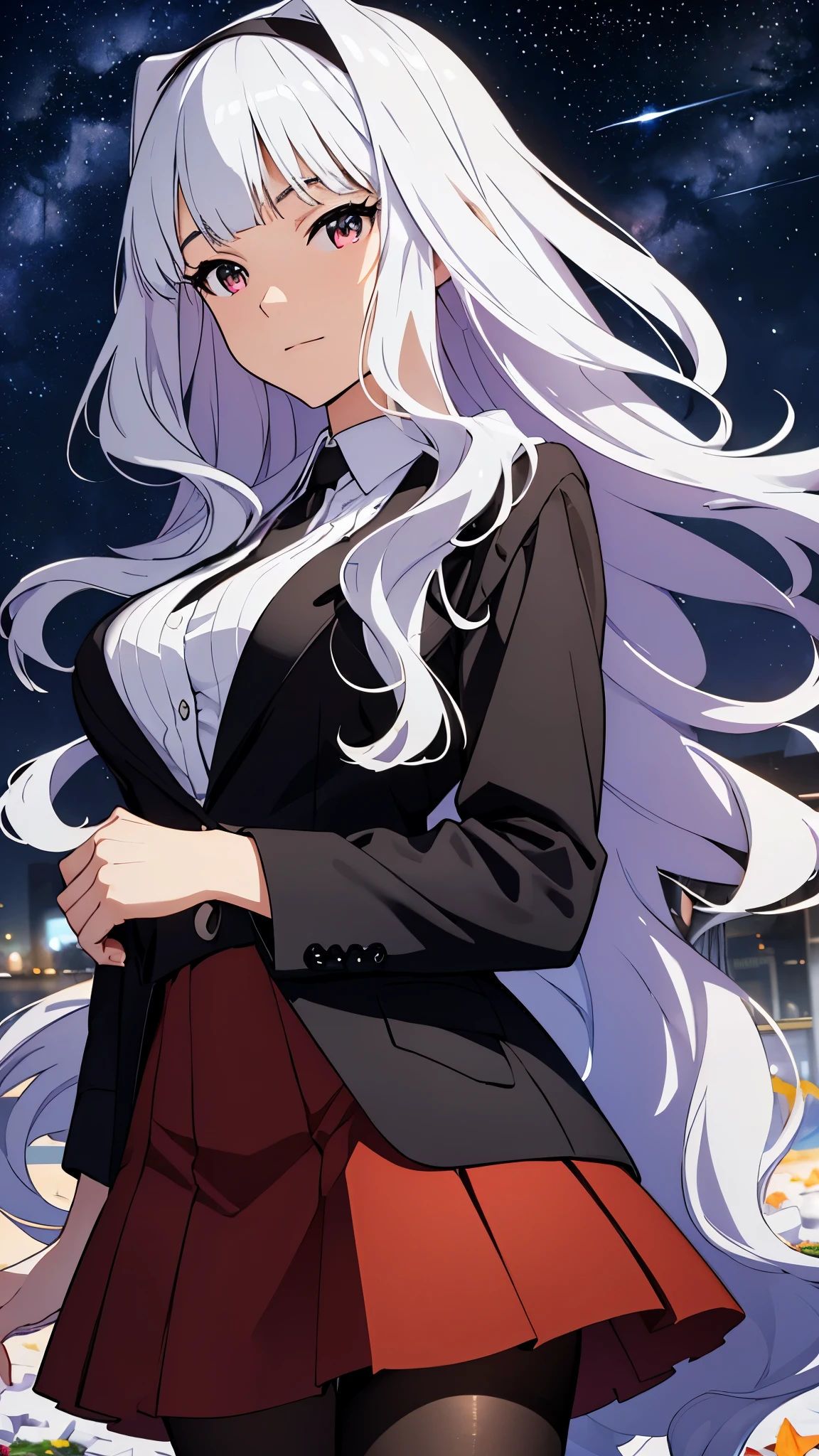 CG, unity, 8k, wallpaper, highest quality, masterpiece, beautiful woman looking up at the sky, 18-year-old, long white hair, white skin, BREAK, white blouse, BREAK, dark red skirt, BREAK, (black pantyhose:1.3), (Realistic:1.2), best lighting, complex pupils, complex textile, detailed background, There is a moon at the back, (Spectacular starry sky with the Milky Way visible: 1.5), nebula, night, Effect of dancing petals, night, in a vast flower garden, White flowers are blooming as far as the eye can see