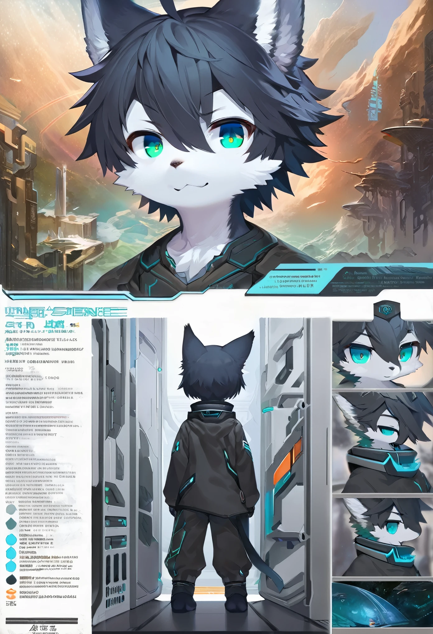 ((masterpiece)), (ultra detailed), (best quality), detailed background, (style of Science Fiction), (concept art, character sheet), game package, absurdres(highly detailed beautiful face and eyes)perfect anatomy(angelic handsome boy, kemono, child)(furry anthro),