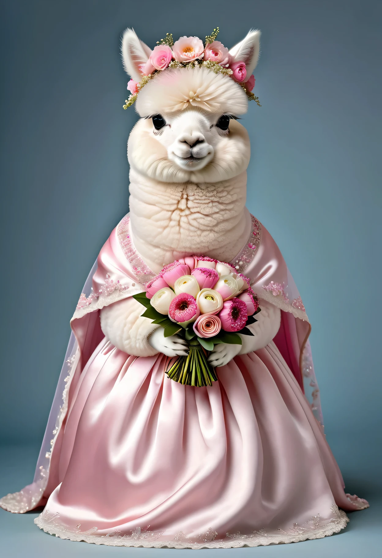 photorealistic portrait of Dressed animals - a ((fat)) baby white alpaca,(bowing ),, high quality,(lovely) ,intricate details, highly detailed ((pink wedding dress)) ,wearing highly detailed veil, highly detailed decorations ,holding flower bouquet, (happy), studio lighting,(full body image from head to toe:1.5)
