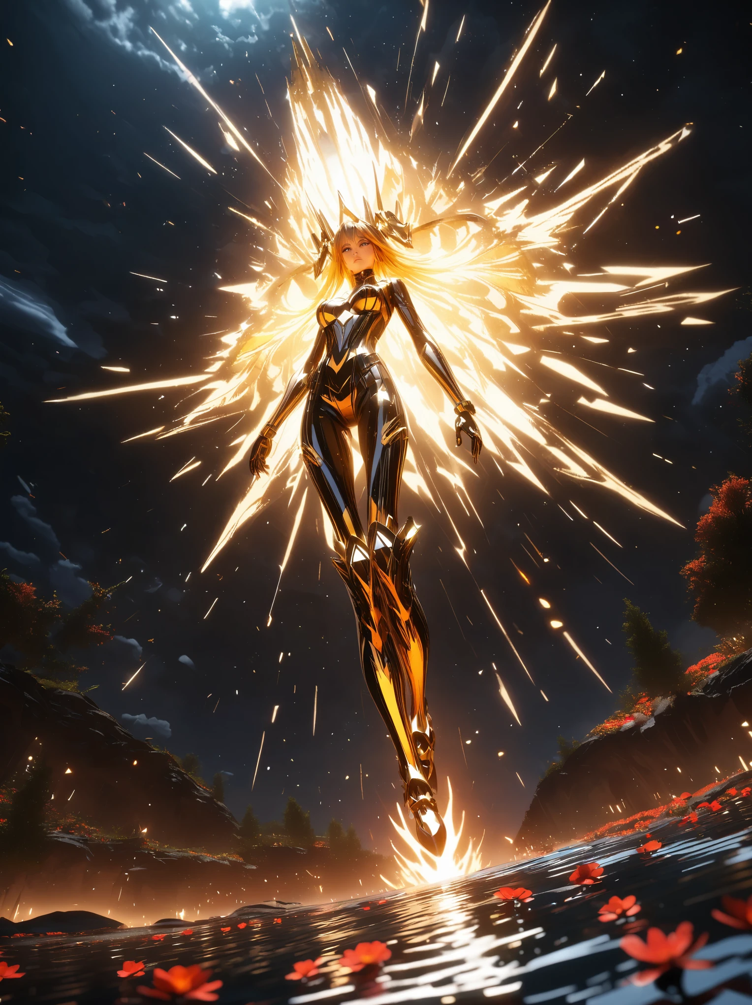 A white glowing woman standing on an island in the middle of red flowers. There is also a small tree made of gold and yellow light that stands over her head. A black background with reflection from neon lights on water below the floating girl's feet. A low angle shot, created in the style of Unreal Engine 5 and rendered in the style of Octane Render.