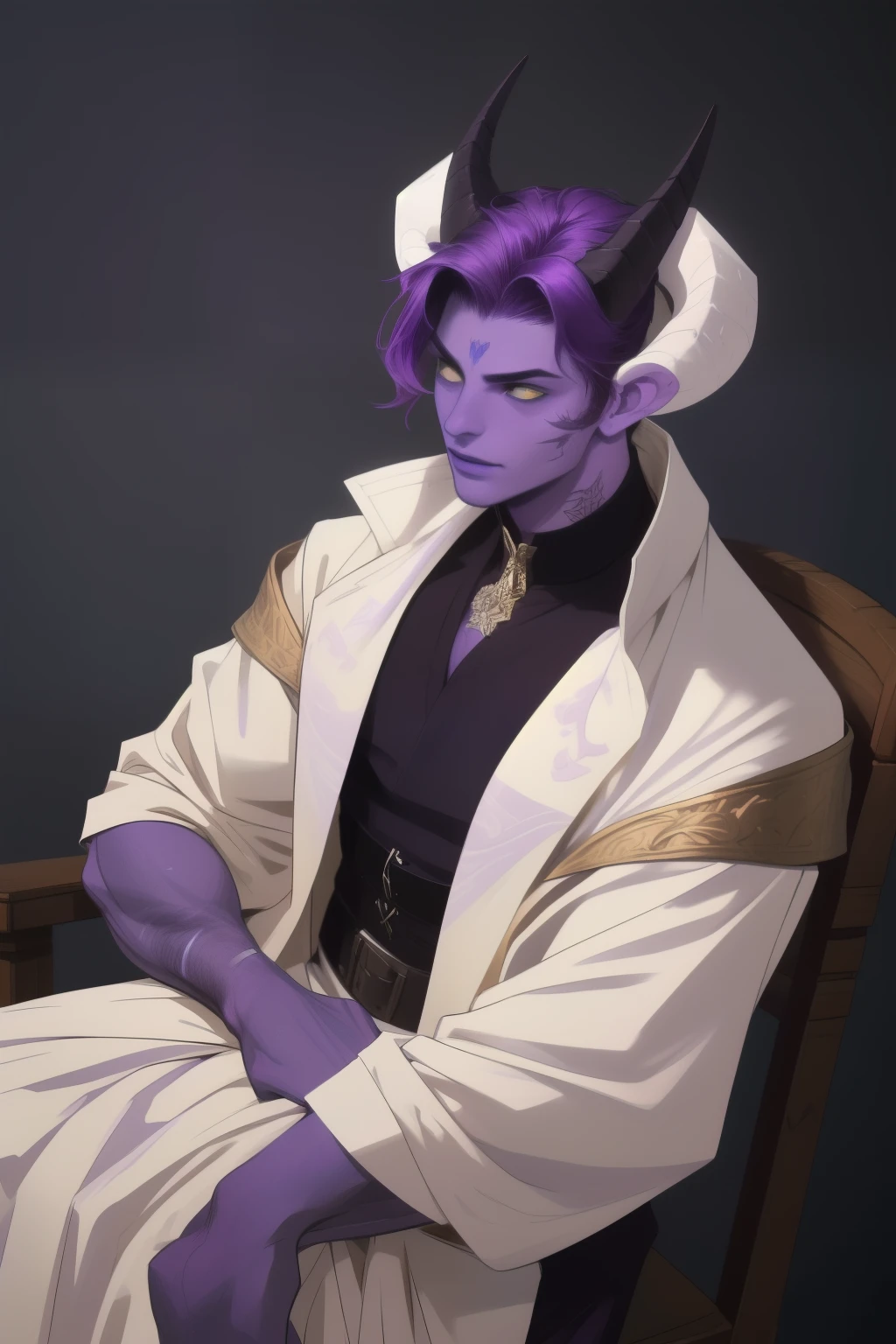 best quality, (masterpiece:1.2),ultra detailed, 1boy, sitting, smug, white eyes, bare shoulders, au ra, white horns, big horns, dark purple skintone, colored skin, colored hair, all purple, purple hair, sleeked back hair, short hair, front horns, very muscular man, adult, mature
