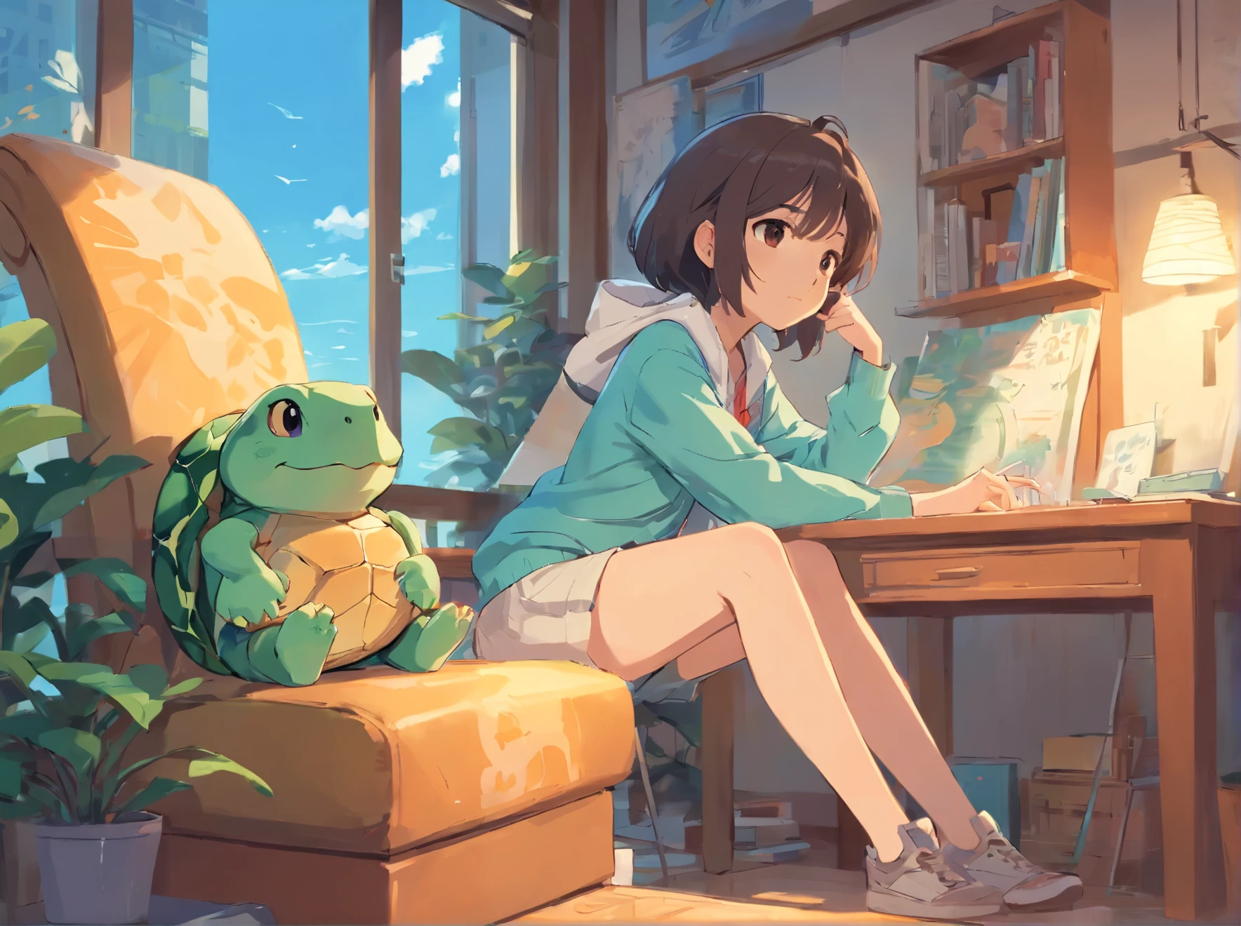 Cartoon girl looking at little turtle, cute illustration, Lovely art style, author:Yang Jie, author:Ni Duan, sit on the chair, author:Kaneoka Kane, author:Naohisa Inoue, lofi girl, illustration style, author:Makishiro, Illustration line art style, Cartoon style illustration, author:Li Quanshuo, by Artie Guerlain