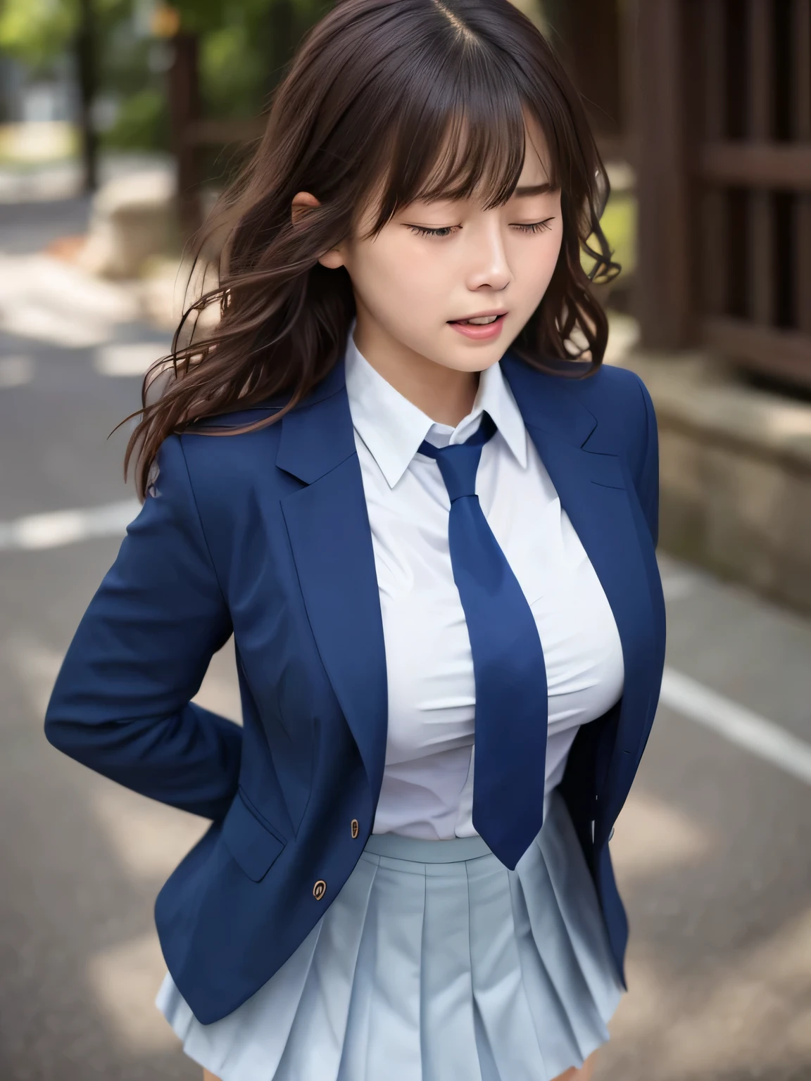 8k, highest quality, real image, intricate details, Super detailed, ultra high resolution, depth field,(realistic,realistic:1.2), (crying face:1.2), (tears:1.1), (lamentation:1.2), from front, closed eyes,1 Japanese girl, very beautiful 17 year old girl, (beautiful breasts:1.5, highly detailed eyes:1.2), (beautiful breasts:1.1), wavy hair、curly hair、bangs, perfect skin, Fair skin, huge hips, thick thighs, thick legs, tight waist, alone, looking at the viewer, (School_uniform),(dark blue blazer), (white shirt、wear a tie), (gray pleated skirt), (sculpture installation :1.1)
