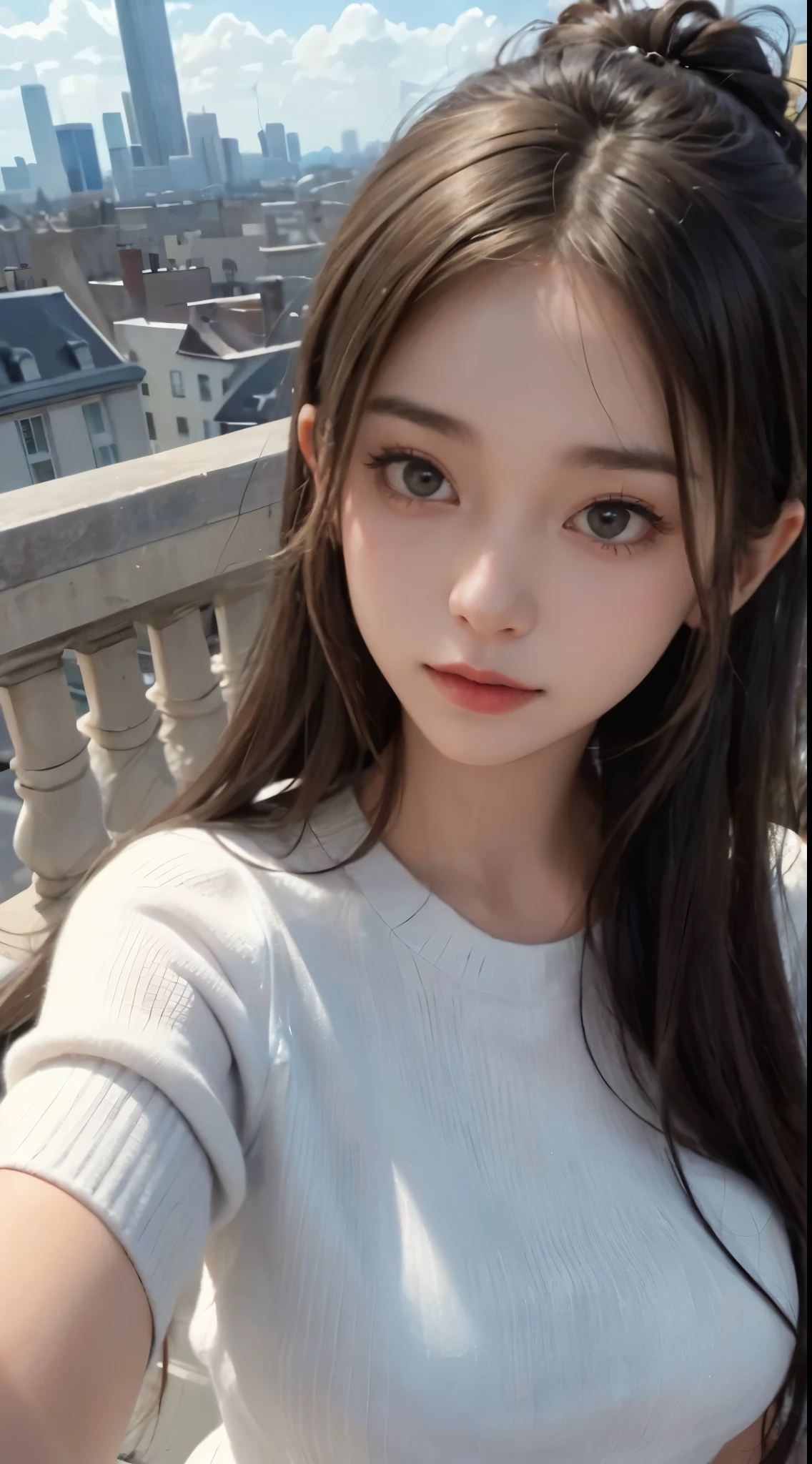 (alone: 1.3), One girl taking a selfie in the highest quality, Capture every realistic detail of your photorealistic masterpiece. Very delicate and beautiful look, She poses against the backdrop of the cityscape, Her long hair flows down her shoulders. The afternoon light casts a warm glow on her face., small details, Highlights every texture and pore in ultra-high resolution. Wearing a thin, White summer knitwear, her bangs frame her face, the long water gate、Acts as a contrast against the bleak rooftop background。. The magnificent sky above is filled with fluffy clouds, Add a dreamy quality to your selfies. High resolution texture completed