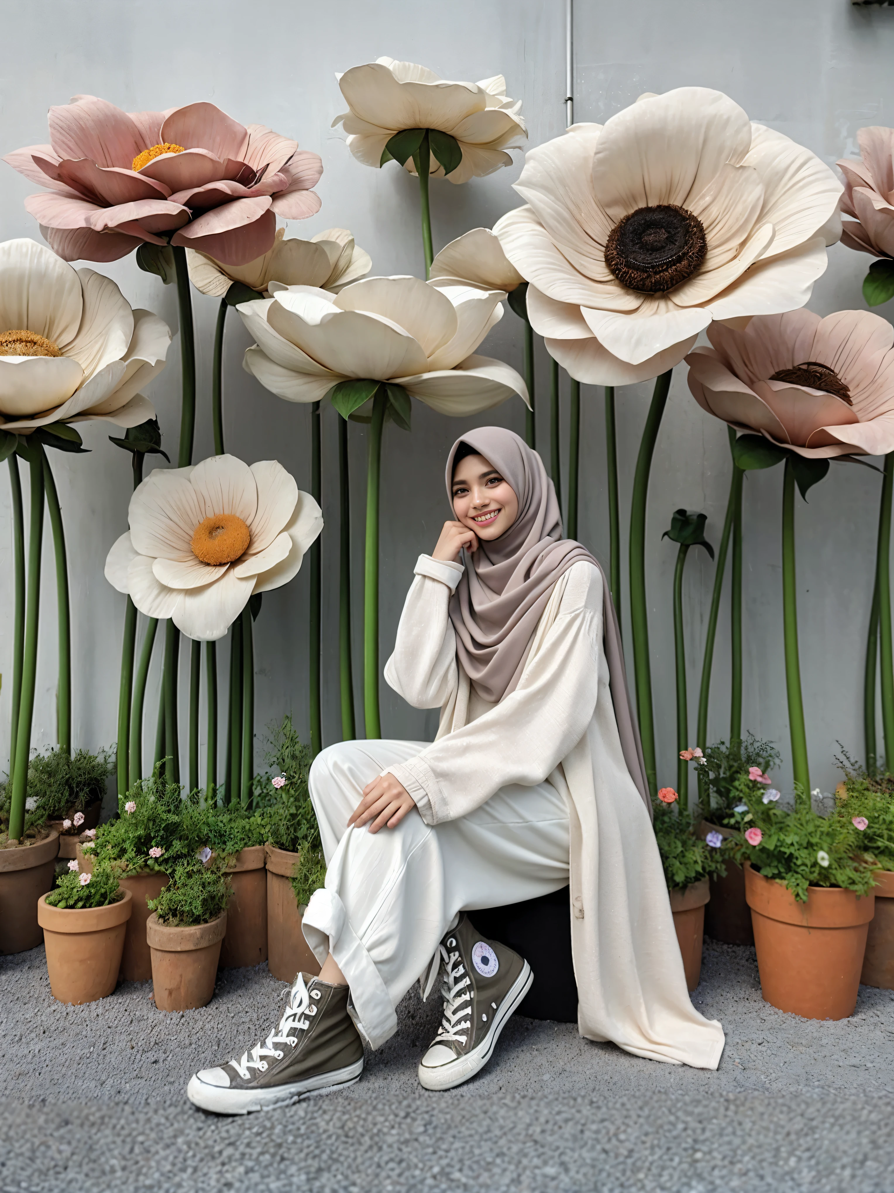 there is a woman standing in front of a display of flowers, white hijab, hijab, with flowers, in garden, 👁🌹👾, inspired by Naza, ☁🌪🌙👩🏾, flowers in background, taken in 2 0 2 0, inspired by Fathi Hassan, aesthetic!!, in pastel colors, an aesthetic!, smooth in _ the background