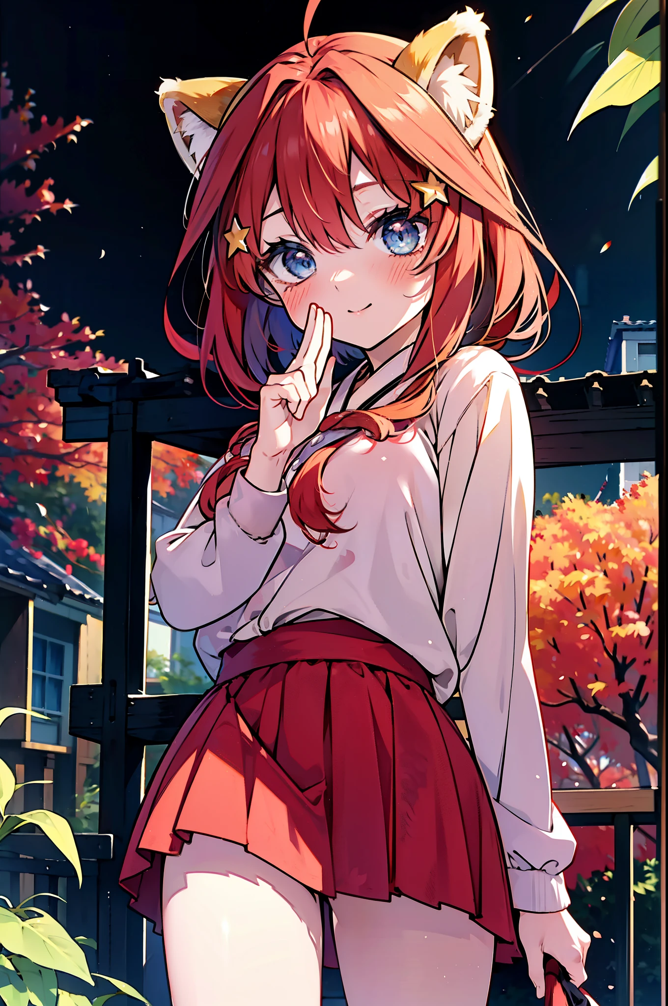 itsukinakano, itsuki nakano, bangs, blue eyes, hair between eyes, Ahoge, redhead, star \(symbol\), short braided hair,hair ornaments, star hair ornaments,smile,blush,animal ears raccoon ears,animal tail raccoon tail,Akabuchi Glasses,red hoodie,white long skirt,Cute Sandals,autumn leaves,autumn leavesが散っている,autumn leaves道,whole bodyがイラストに入るように,night,moonlight,moonlight,
break outdoors,garden,
break looking at viewer,whole body,(cowboy shot:1.5),
break (masterpiece:1.2), highest quality, High resolution, unity 8k wallpaper, (shape:0.8), (beautiful deしっぽed eyes:1.6), extremely deしっぽed face, perfect lighting, extremely deしっぽed CG, (perfect hands, perfect anatomy),