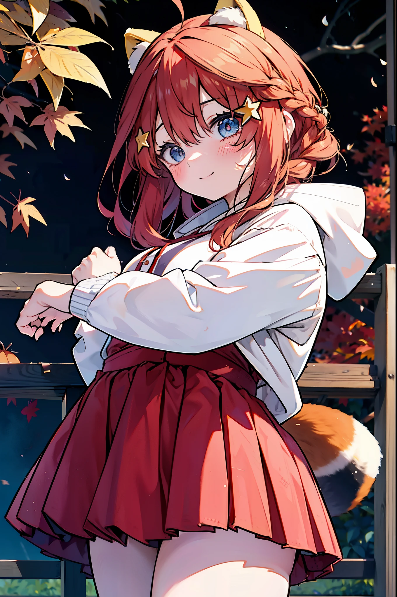itsukinakano, itsuki nakano, bangs, blue eyes, hair between eyes, Ahoge, redhead, star \(symbol\), short braided hair,hair ornaments, star hair ornaments,smile,blush,animal ears　raccoon ears,animal tail　raccoon tail,Akabuchi Glasses,red hoodie,white long skirt,Cute Sandals,autumn leaves,autumn leavesが散っている,autumn leaves道,whole bodyがイラストに入るように,night,moonlight,moonlight,
break outdoors,garden,
break looking at viewer,whole body,(cowboy shot:1.5),
break (masterpiece:1.2), highest quality, High resolution, unity 8k wallpaper, (shape:0.8), (beautiful deしっぽed eyes:1.6), extremely deしっぽed face, perfect lighting, extremely deしっぽed CG, (perfect hands, perfect anatomy),