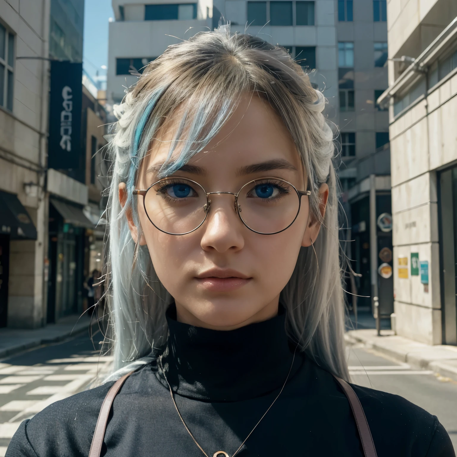 (best quality,4k,highres,masterpiece:1.2),ultra-detailed,realistic,anime,Chico anime pelo blanco ojos azules y lentes negros,beautiful detailed blue eyes,white hair,black glasses,wearing a stylish outfit,standing in a vibrant city street with tall buildings and colorful billboards,reflecting the hustle and bustle of a modern metropolis,featuring a dynamic perspective,impeccable anime-style character design,soft and warm color palette,with natural sunlight illuminating the scene,creating a beautiful play of light and shadows,showcasing the character's expressive face and detailed features,highlighting the reflection on the glasses,creating a sense of mystery and intrigue in the artwork.