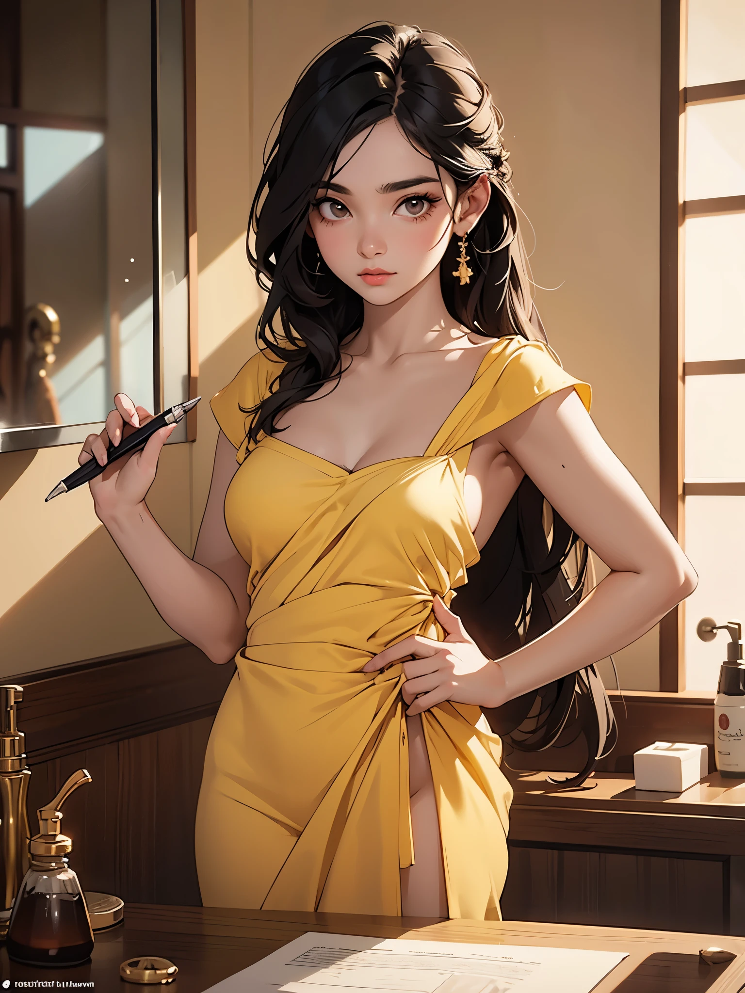 Different mood srilankan woman with very long hair, showing clevage, clutched in deep yellow  towel, wide angle in a red vintage bathroom, perfect anatomy, illustrative, painterly, detailed, UHD drawing, pen and ink, perfect composition, beautiful detailed intricate insanely detailed octane render trending on artstation, 8k artistic photography, photorealistic concept art, soft natural