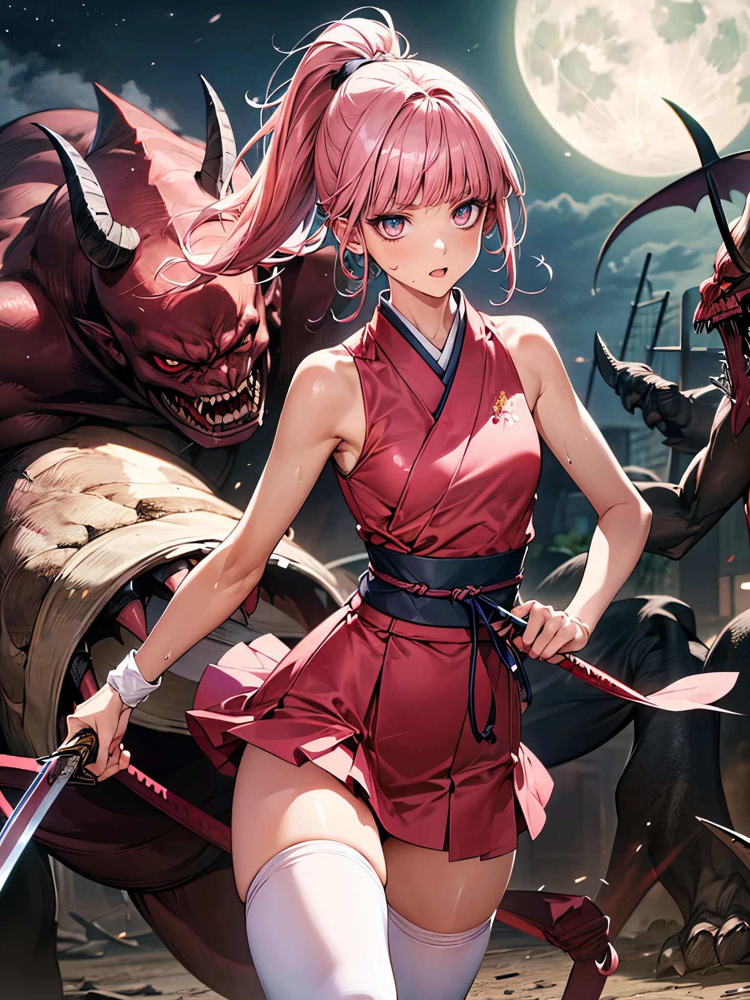 ((woman fighting the devil、Looming monsters:1.5)),((perfect anatomy,realistic,:1.3,RAW Photography:1.3,masterpiece、highest quality、Ultra - High resolution、High resolution、Highly detailed CG、8K)),cowboy shot,1 female,solo,20 year old beauty,((beautiful detailed face and eyes,big gorgeous eyes),pink eyes,(pink hair,ponytail,long hair,blunt bangs,straight hair)),(medium breasts,slender body,small head,skinny,tan skin,gleaming skin,shiny skin,sweat),(white kimono、sleeveless、pink mini skirt,white_thighhighs、１holding a book Japanese sword in hand、posture of fighting with a sword、Accurately depicted Japanese sword),apocalyptic world,collapsed building、rubble、on street,Tokyo、at night、moonlight、