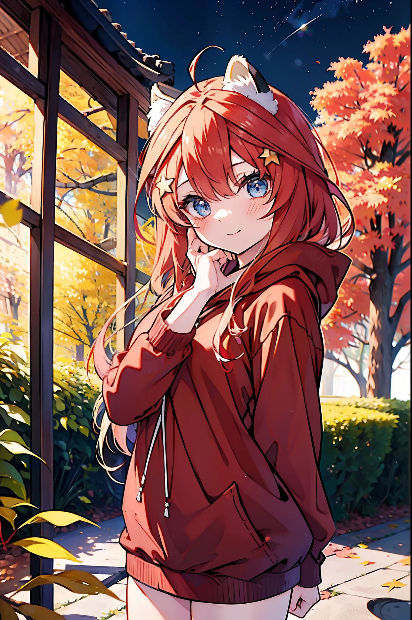 itsukinakano, itsuki nakano, bangs, blue eyes, hair between eyes, Ahoge, redhead, star \(symbol\), short braided hair,hair ornaments, star hair ornaments,smile,blush,animal ears　raccoon ears,animal tail　raccoon tail,Akabuchi Glasses,red hoodie,white long skirt,Cute Sandals,autumn leaves,autumn leavesが散っている,autumn leaves道,whole bodyがイラストに入るように,night,moonlight,moonlight,
break outdoors,garden,
break looking at viewer,whole body,(cowboy shot:1.5),
break (masterpiece:1.2), highest quality, High resolution, unity 8k wallpaper, (shape:0.8), (beautiful deしっぽed eyes:1.6), extremely deしっぽed face, perfect lighting, extremely deしっぽed CG, (perfect hands, perfect anatomy),