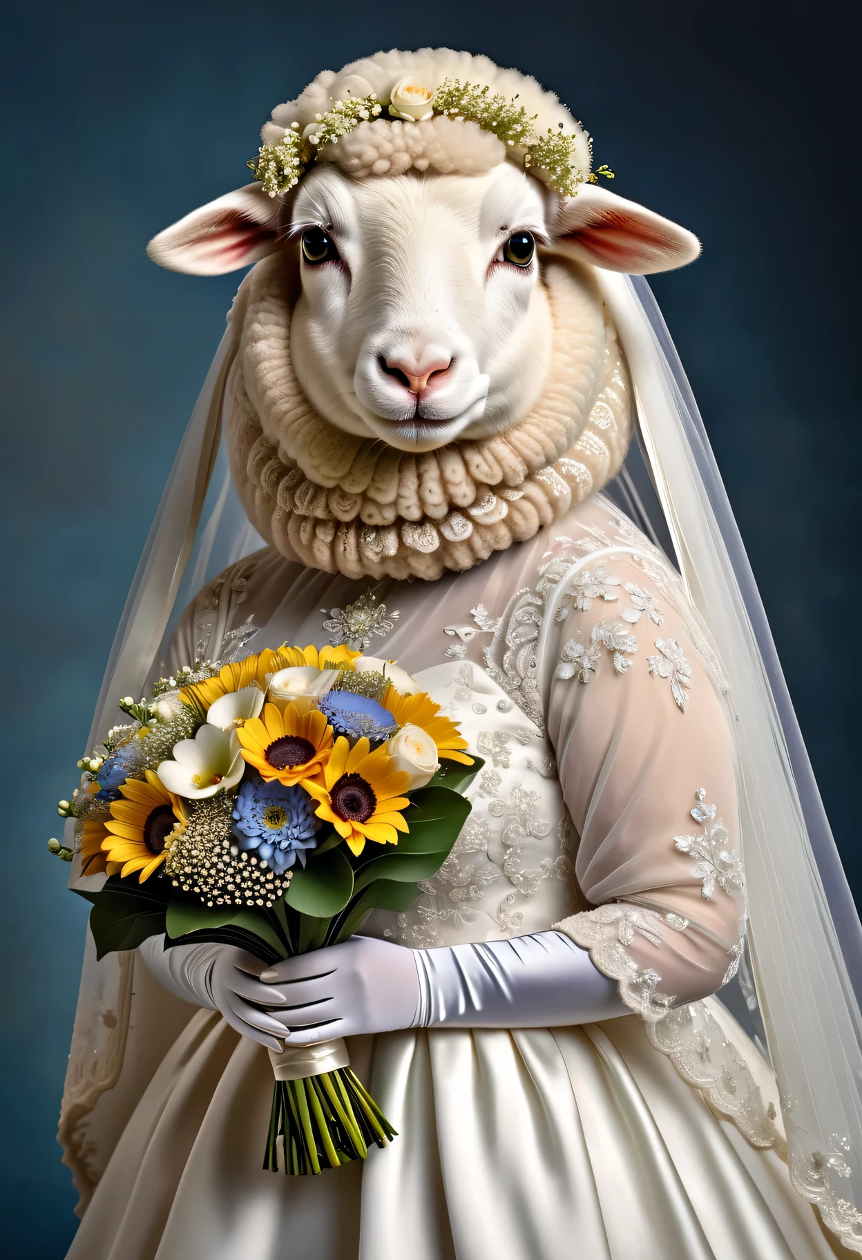 photorealistic portrait of Dressed animals - a ((fat)) sheep,(elegant pose:1.2 ),, high quality,(lovely) ,intricate details, highly detailed (( wedding dress)) ,wearing highly detailed veil, highly detailed decorations ,holding flower bouquet, (happy), studio lighting,(full body image from head to toe:1.5)