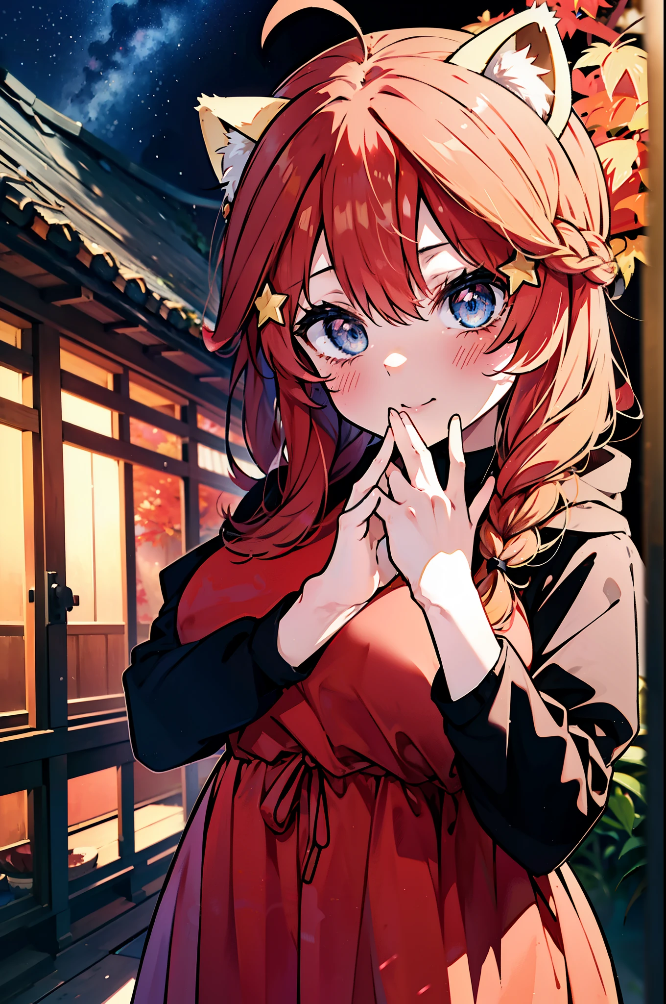 itsukinakano, itsuki nakano, bangs, blue eyes, hair between eyes, Ahoge, redhead, star \(symbol\), short braided hair,hair ornaments, star hair ornaments,smile,blush,animal ears raccoon ears,animal tail raccoon tail,Akabuchi Glasses,red hoodie,white long skirt,Cute Sandals,autumn leaves,autumn leavesが散っている,autumn leaves道,whole bodyがイラストに入るように,night,moonlight,moonlight,
break outdoors,garden,
break looking at viewer,whole body,(cowboy shot:1.5),
break (masterpiece:1.2), highest quality, High resolution, unity 8k wallpaper, (shape:0.8), (beautiful deしっぽed eyes:1.6), extremely deしっぽed face, perfect lighting, extremely deしっぽed CG, (perfect hands, perfect anatomy),