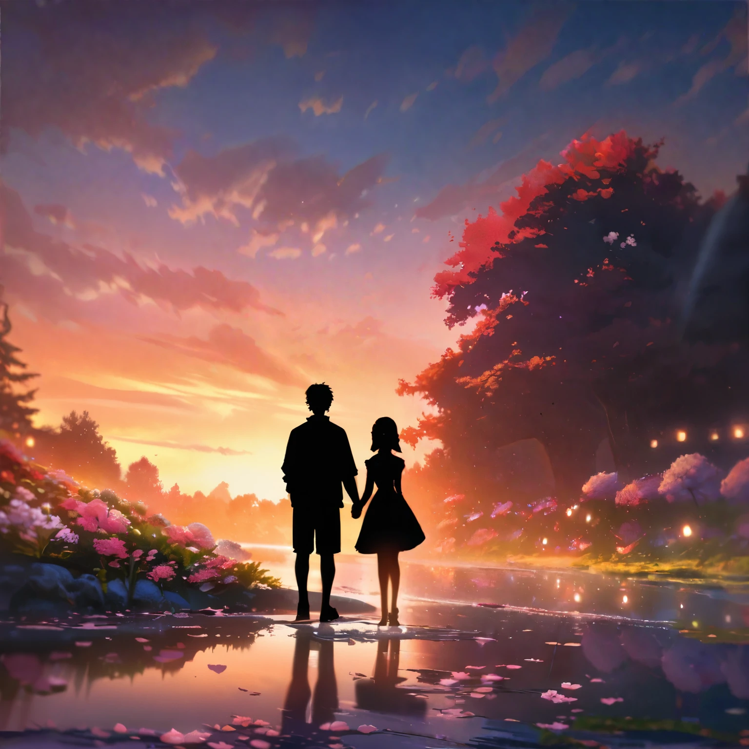 (best quality,8k,highres, masterpiece:1.2), ultra-detailed,HDR, UHD, studio lighting, ultra-fine painting, sharp focus, physically-based rendering, extreme detail description, professional, vivid colors, bokeh, portraits, concept artists, warm color palette, dramatic lighting,silhouette style,Pond at dusk, light reflected on the surface of the water, (silhouette boy, silhouette girl), holding hands and watching the sunset, cherry blossoms blooming around the pond, flower blizzard,