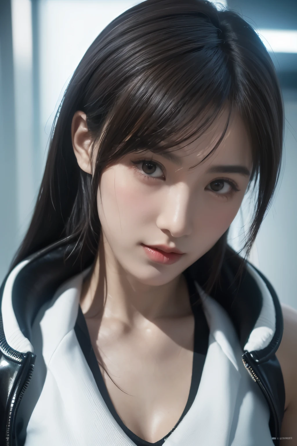 tmasterpiece,Best quality,A high resolution,8K,(Portrait),((Head close-up)),real photograph,digital photography,(Female scientists in sci-fi style),20 year old girl,Random hairstyles,By bangs,(Random Color Eyes),(Random-colored hair),A plump chest,cleavage,Elegant and noble,Serious and indifferent,Open white coat,Black tube top bra,rich details,Keep your mouth shut,Intricate ornaments,Cyberpunk futuristic style,(Female scholars),white backgrounid,oc render reflection texture