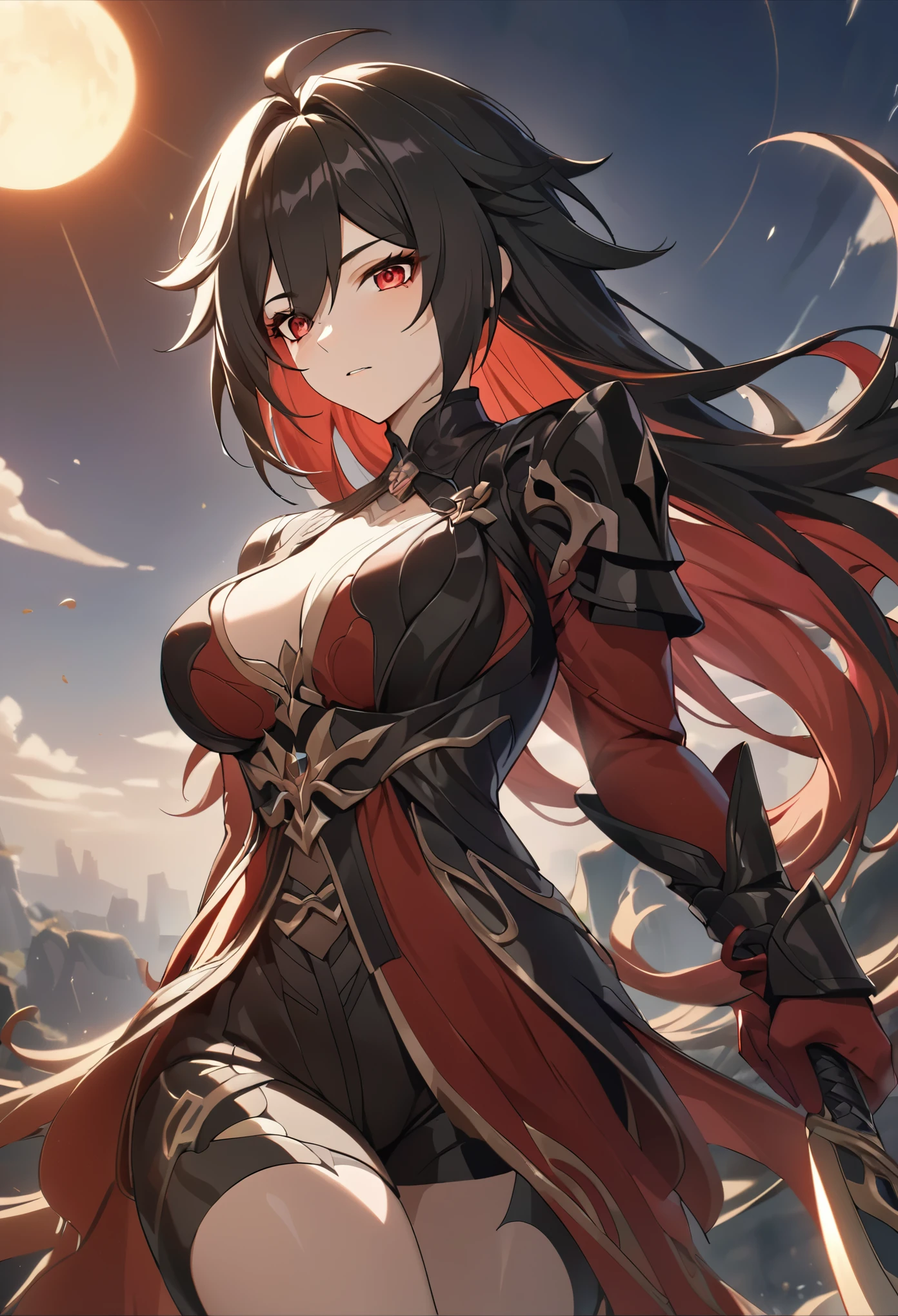 ((solo)), (woman), cherry red eyes, raven black hair, very long messy hair, vibrant red colored inner hair, (sculpted body), medium-big breasts, thick, mature body, a close up of a person with a sword in a desolate land detailed key anime art, honkai star trail character, casimir art, masamune shiro, masamune, beautiful woman in demon slayer art, genshin, heise jinyao, shadowverse style, (no logos), eclipse, black powers, twilight scenery, detailed clothes, eye reflection, depth of field, cinematic lighting, ray tracing, depth of field, cinematic lighting, ray tracing, UHD, high details, best quality, highres, high quality, award winning, super detail, masterpiece, 8k, UHD, high details, best quality, highres, high quality, award winning, super detail, masterpiece, 8k