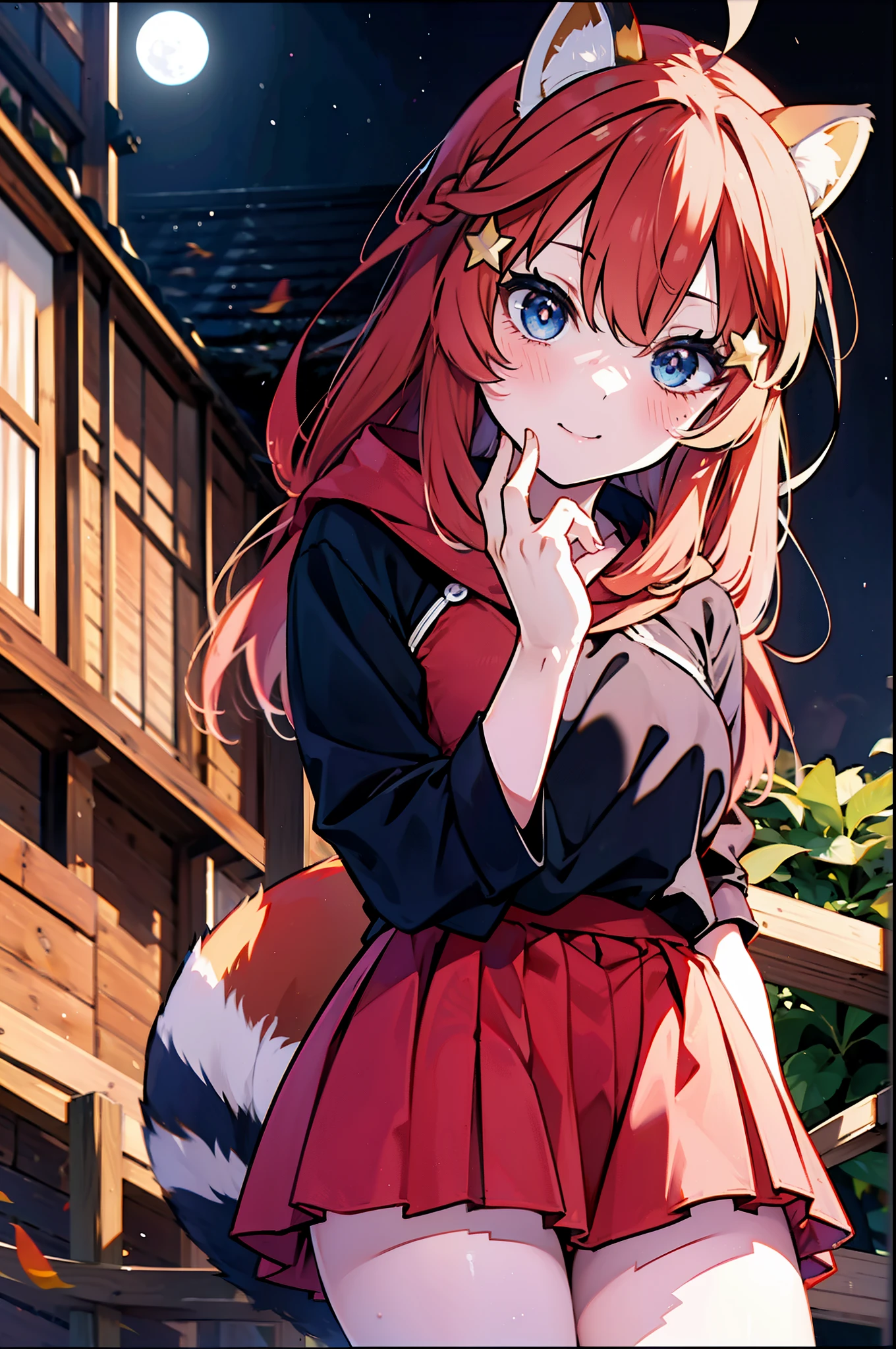itsukinakano, itsuki nakano, bangs, blue eyes, hair between eyes, Ahoge, redhead, star \(symbol\), short braided hair,hair ornaments, star hair ornaments,smile,blush,animal ears raccoon ears,animal tail raccoon tail,Akabuchi Glasses,red hoodie,white long skirt,Cute Sandals,autumn leaves,autumn leavesが散っている,autumn leaves道,whole bodyがイラストに入るように,night,moonlight,moonlight,
break outdoors,garden,
break looking at viewer,whole body,(cowboy shot:1.5),
break (masterpiece:1.2), highest quality, High resolution, unity 8k wallpaper, (shape:0.8), (beautiful deしっぽed eyes:1.6), extremely deしっぽed face, perfect lighting, extremely deしっぽed CG, (perfect hands, perfect anatomy),