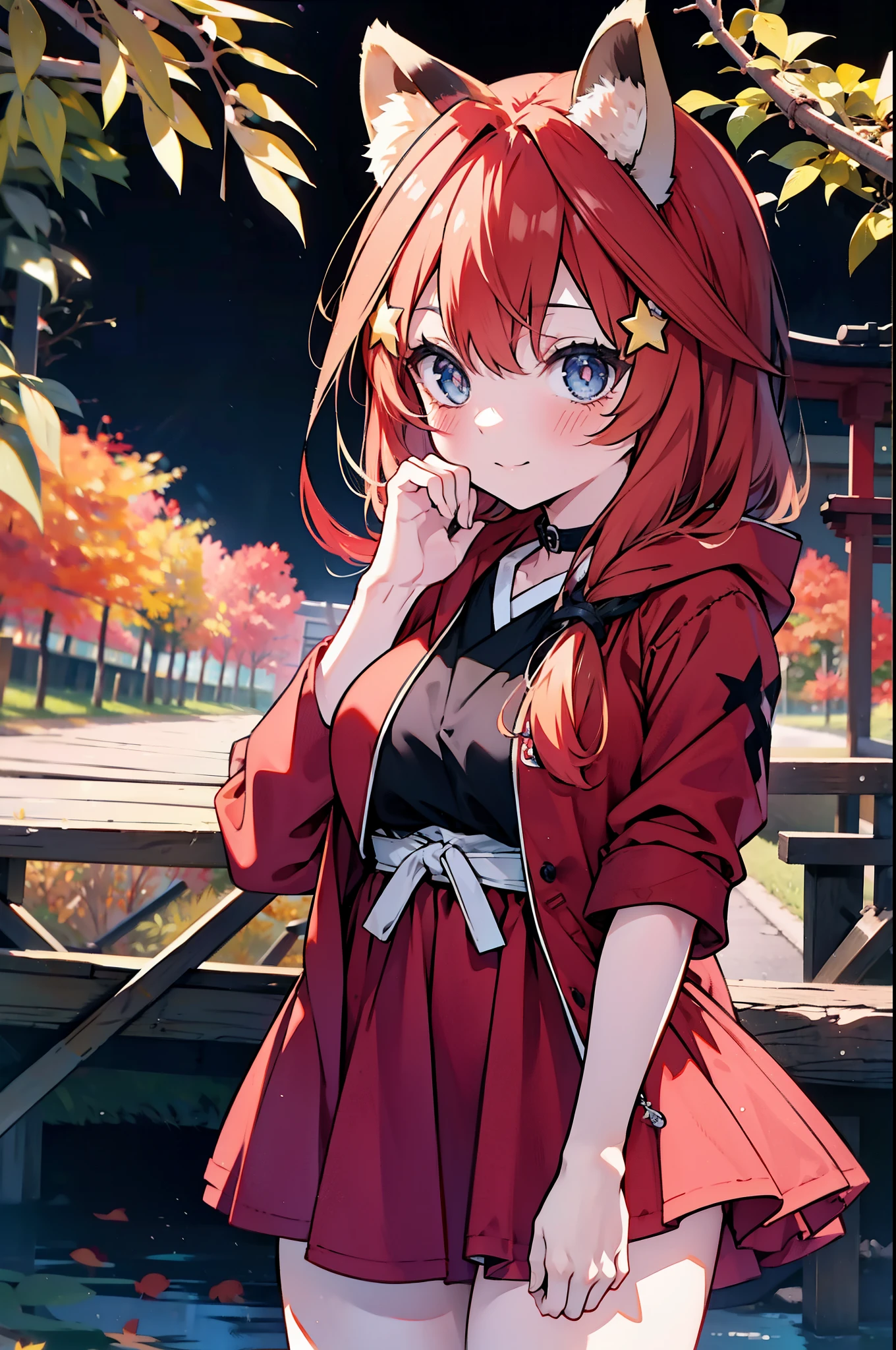 itsukinakano, itsuki nakano, bangs, blue eyes, hair between eyes, Ahoge, redhead, star \(symbol\), short braided hair,hair ornaments, star hair ornaments,smile,blush,animal ears　raccoon ears,animal tail　raccoon tail,Akabuchi Glasses,red hoodie,white long skirt,Cute Sandals,autumn leaves,autumn leavesが散っている,autumn leaves道,whole bodyがイラストに入るように,night,moonlight,moonlight,
break outdoors,garden,
break looking at viewer,whole body,(cowboy shot:1.5),
break (masterpiece:1.2), highest quality, High resolution, unity 8k wallpaper, (shape:0.8), (beautiful deしっぽed eyes:1.6), extremely deしっぽed face, perfect lighting, extremely deしっぽed CG, (perfect hands, perfect anatomy),