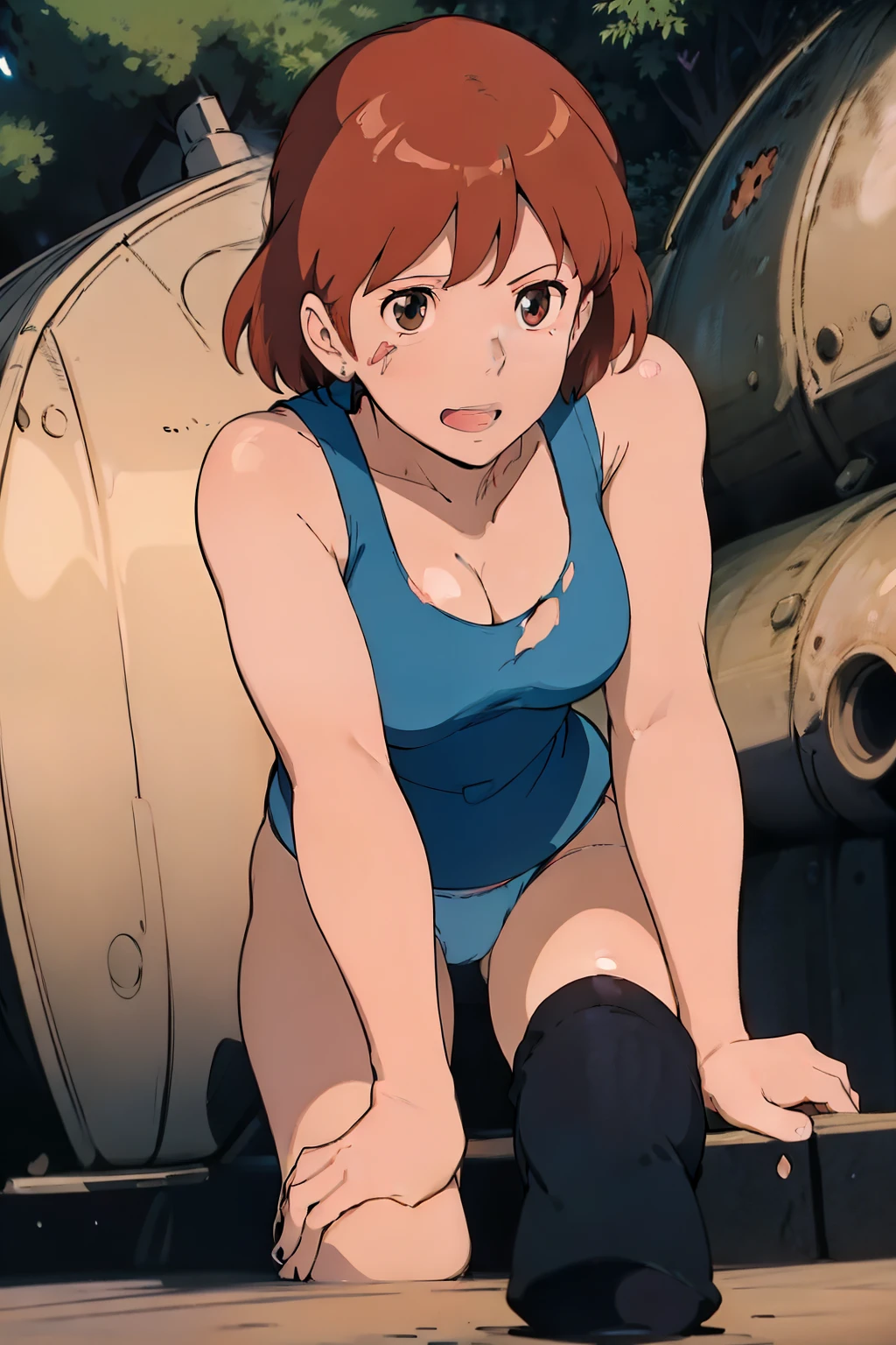 nsfw,(masterpiece, highest quality, High resolution, anime screenshot, anime color, 8K, realistic), Nausicaa, woman, mature woman, wife, alone, brown hair, (looking at the viewer), huge breasts, cleavage, (badly torn tank top:1.3), Upper body, forest, (perfect detailed anatomy, beautiful and detailed face&eye:1.5, shiny skin, perfect body)、erect nipples、I want to see up to my kneecaps、thin fabric panties、wide open legs