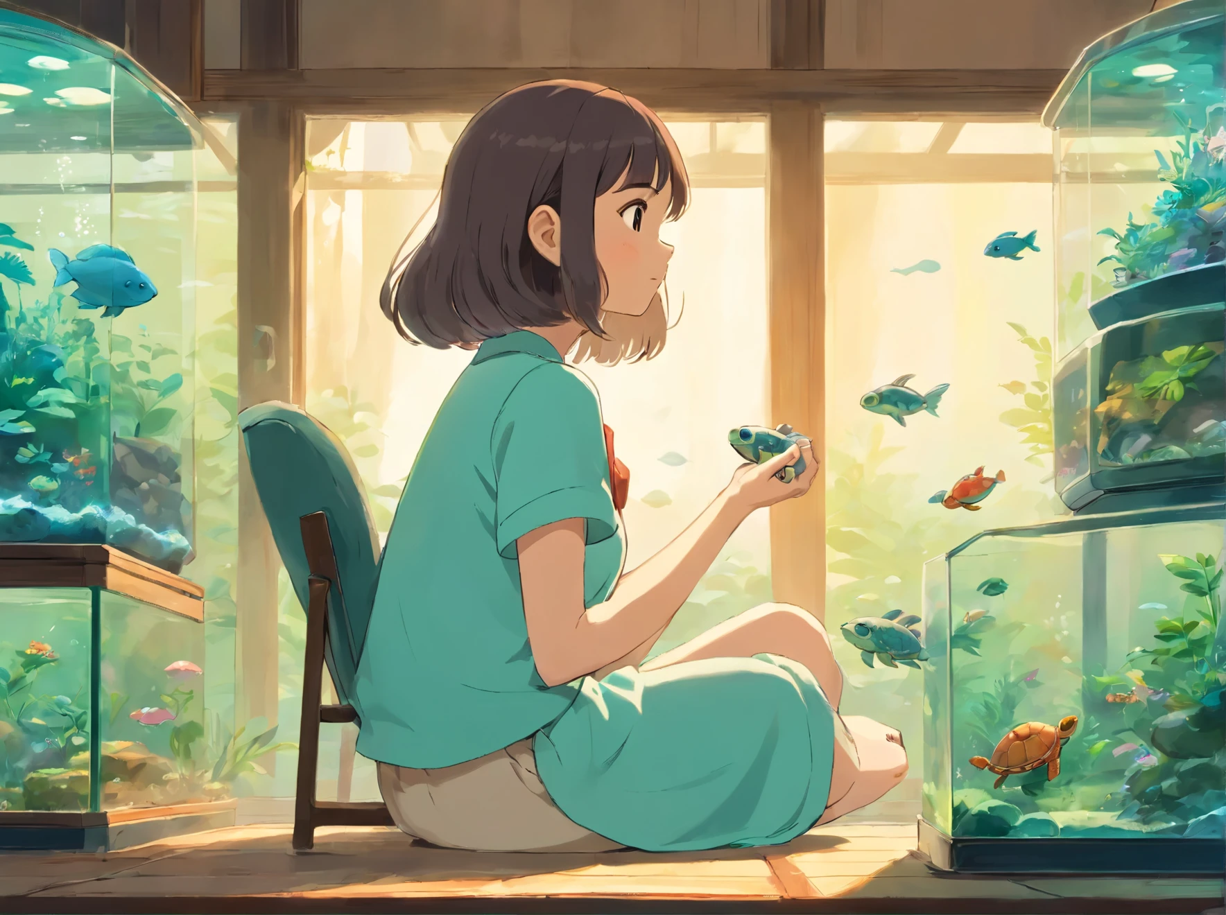 Girl looking at little turtle in fish tank, cute illustration, Lovely art style, author:Yang Jie, author:Ni Duan, sit on the chair, author:Kaneoka Kane, author:Naohisa Inoue, lofi girl, illustration style, author:Makishiro, Illustration line art style, Cartoon style illustration, author:Li Quanshuo, by Artie Guerlain