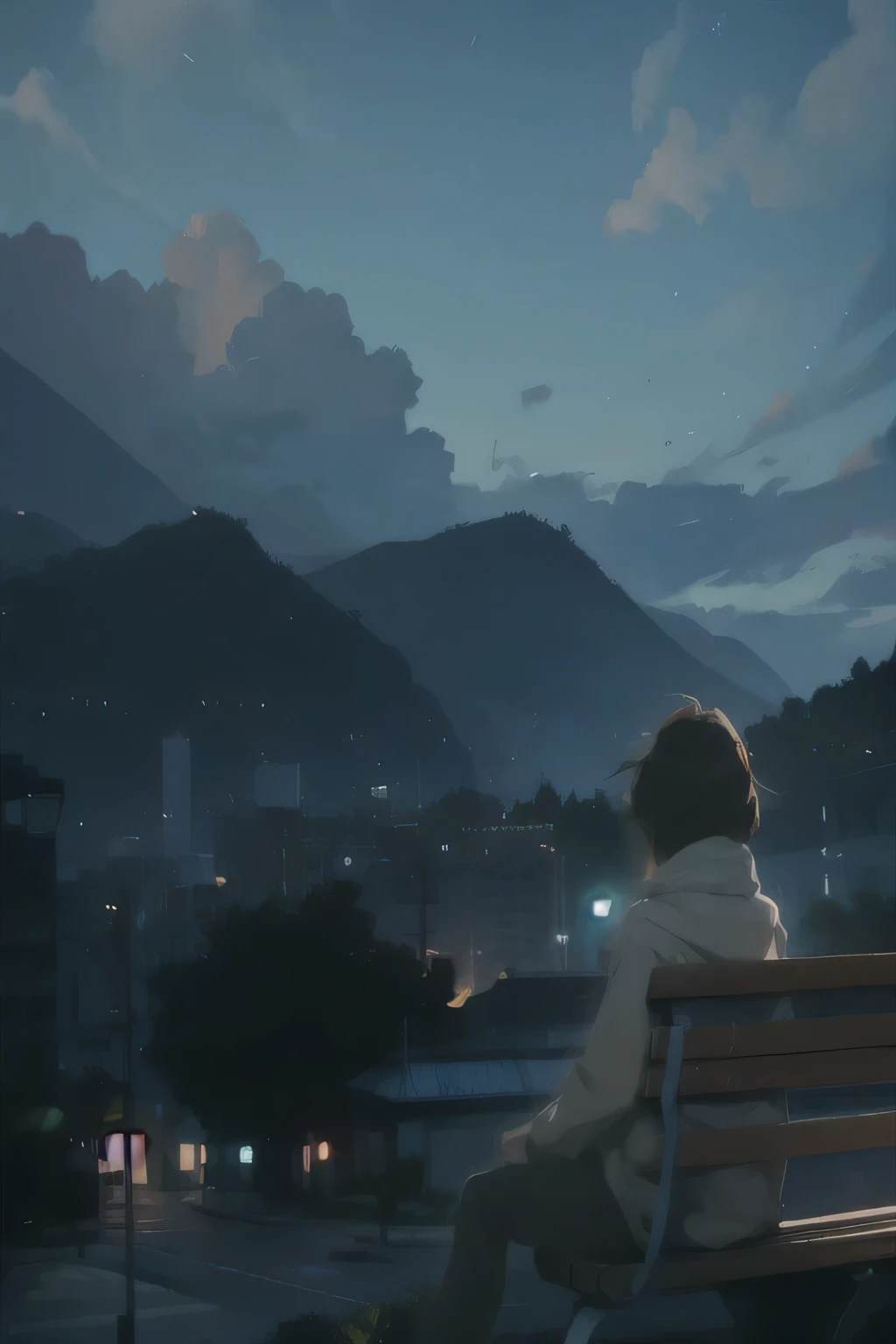 A woman is sitting on a bench and looking at the city, in style of Makoto Shinkai, style of Makoto Shinkai, Style by Alena Aenami, Ilya Kuvshinov landscape, studio glibly Makoto Shinkai, Makoto Shinkai style, Makoto Shinkai. octane render, Makoto Shinkai. —h 2160