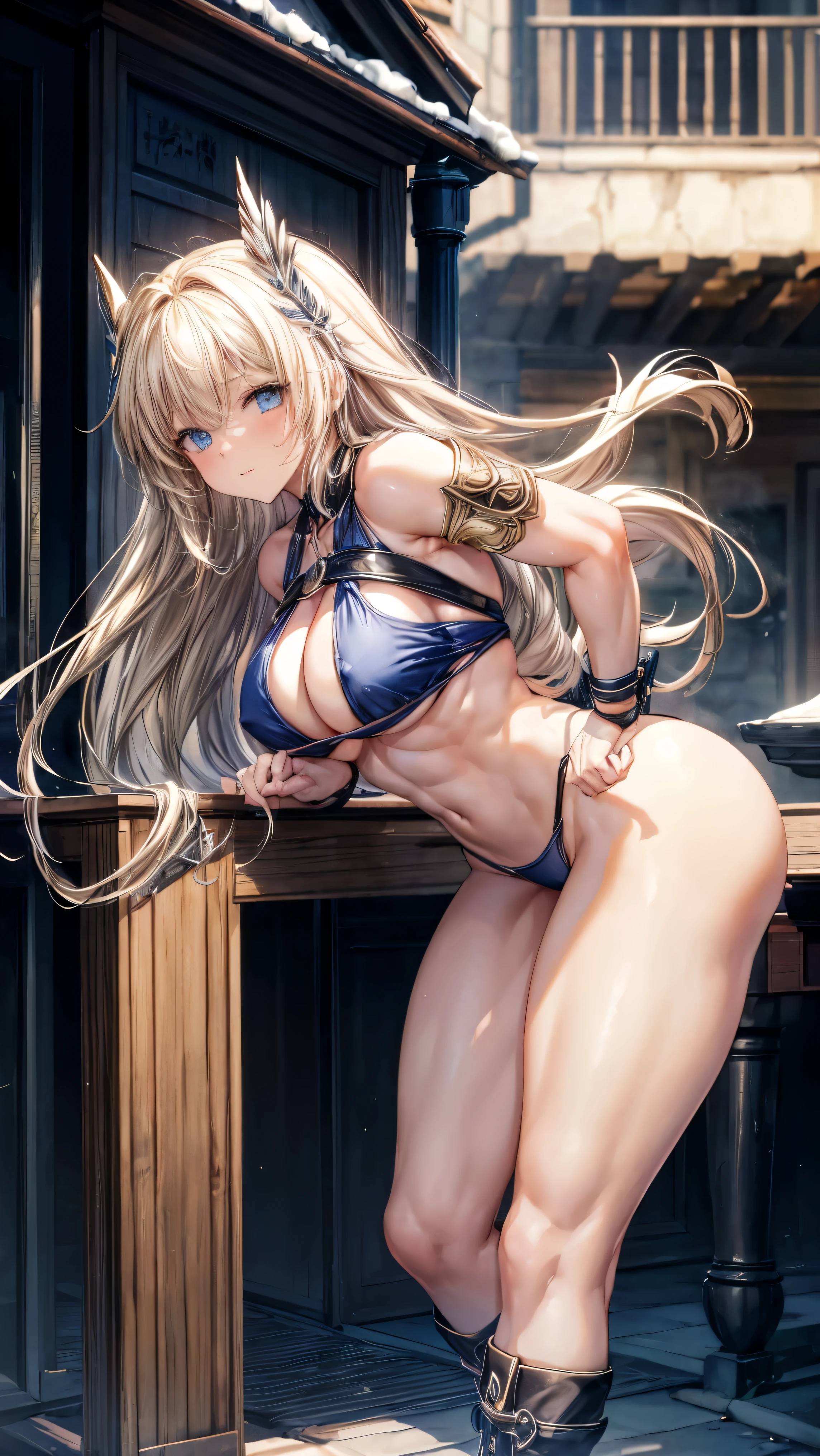 sensual, long blonde hair, thick thighs, 8K, 4k, highest quality, High resolution:1.2), cute anime face, noise reduction, shining blue eyes, gentle smile, kind eyes、toned abdominal muscles, muscular arms, muscular legs,  young face, anime eyes, (((big breasty chest is about to burst)))、(((bondage style)))、(((Rear view、I&#39;I&#39;ll turn around、T-back song that digs into your butt)))、(Sophitia Alexandra)、(SFW huge body)