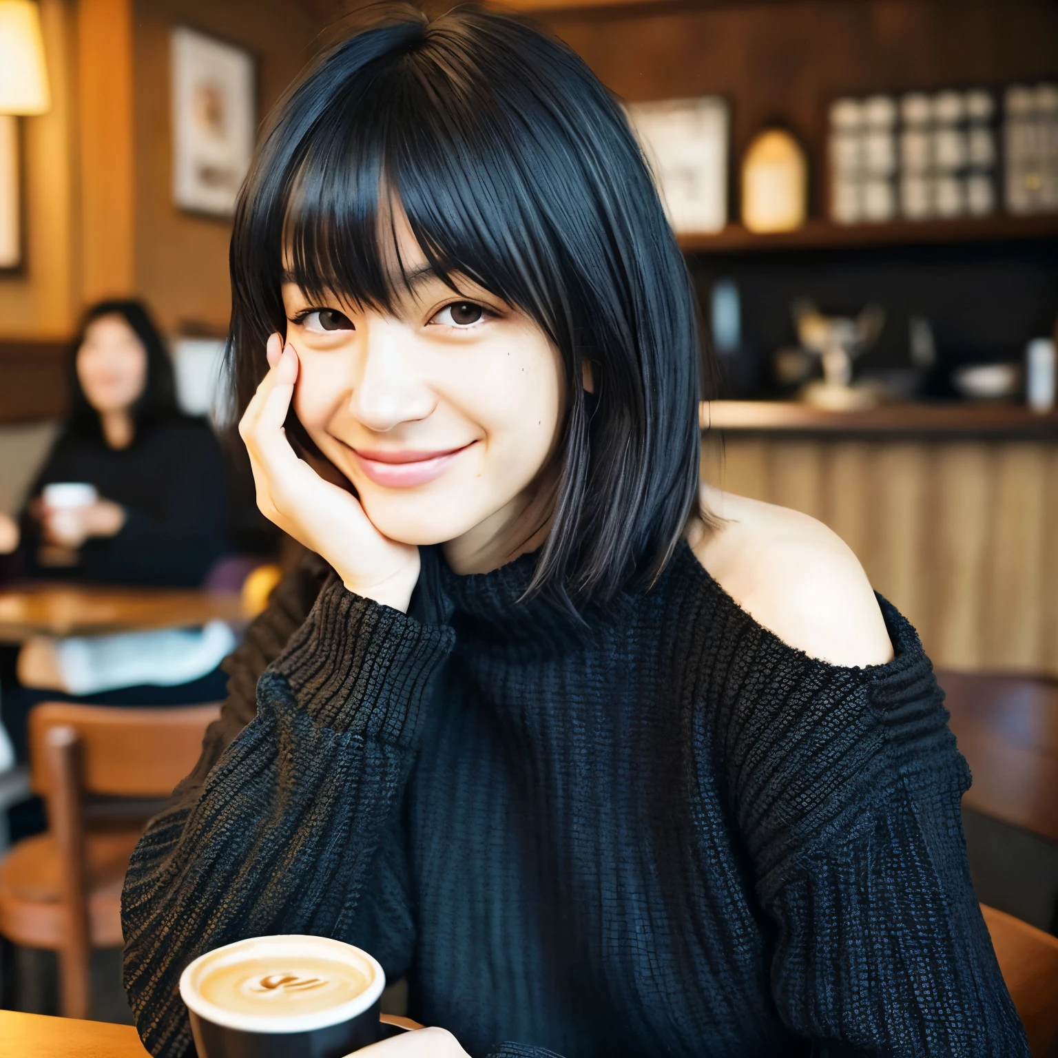 highest quality, japanese woman )black hair, wearing a casual knit sweater,drink coffee at a cafe, Very detailed face and skin with bangs, double eyelid, smile, shoulder length hair,natural atmosphere,putting a book on the desk,dim atmosphere