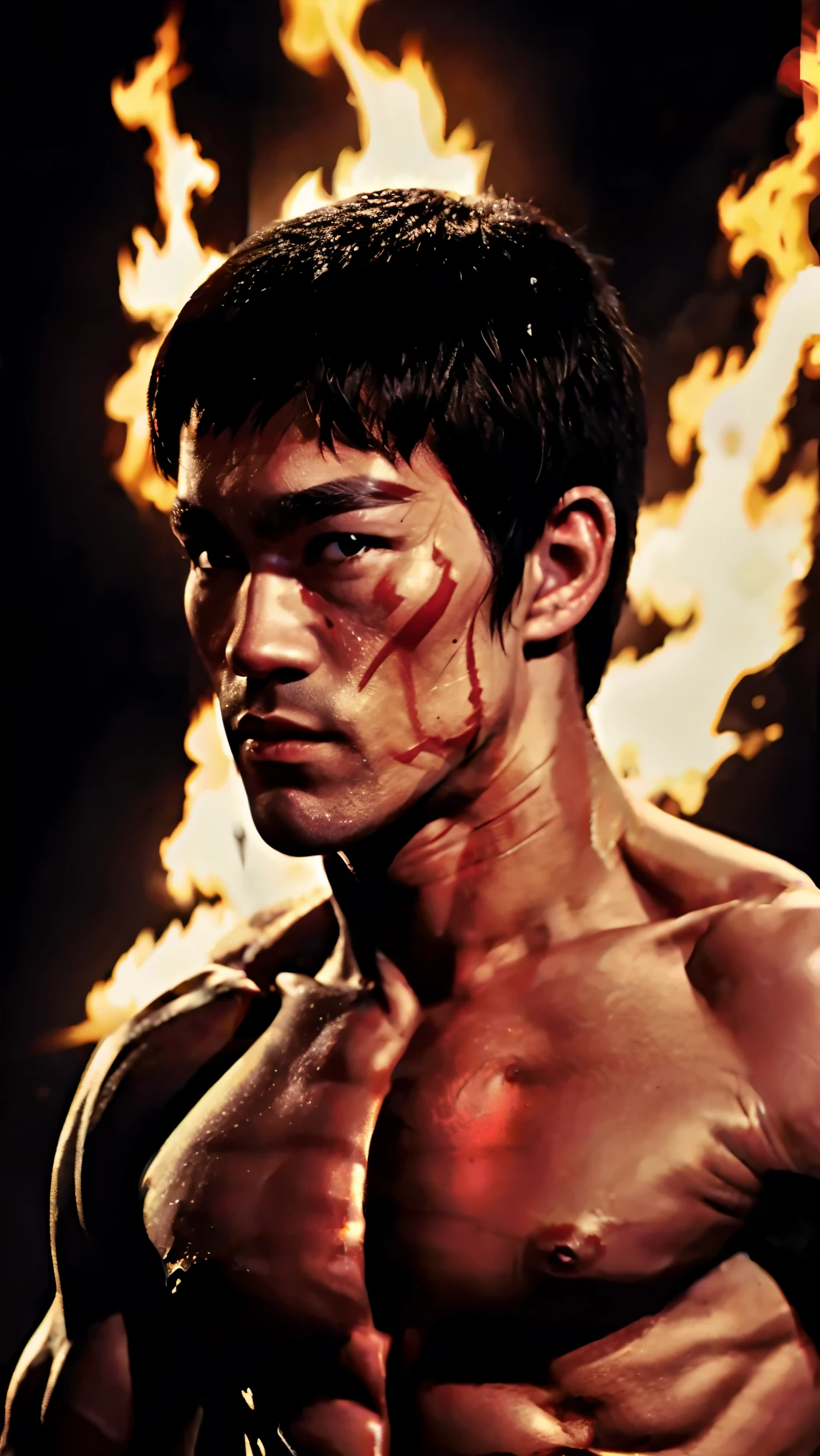 Performance(((martial arts superstar)), Wear black pants with red stripes, There is fire in the background, complicated, high detail, sharp focus, dramatic, ((The highest quality photorealistic art)), ((masterpiece)), (detailed), (topless:1.7) the last airbender". Describes him as having a strong square jaw line, Gaunt cheeks and thin face, topless, Notice the detail of the scar on his eye, golden eyes, he is a pyromancer, firebender, messy hair, and a hue, His muscular physique reflects his training and determination. capture his expression, The entire series reflects his inner self and growth. The background should be dark and contain curved fire. Use dark and bold colors......, Mortal Kombat,