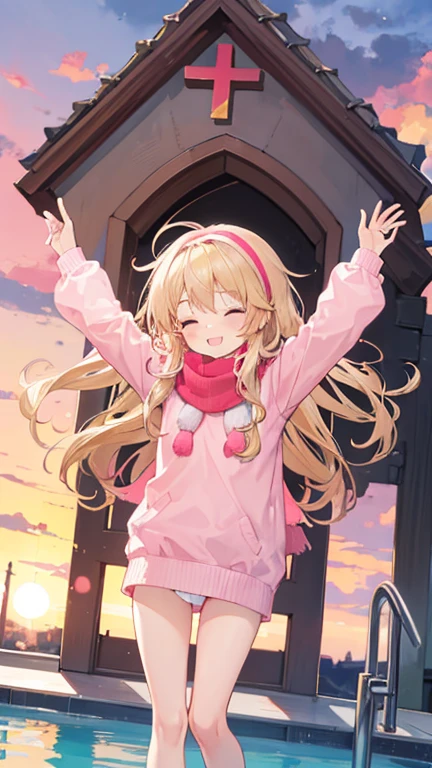 a cute 6 year old church girl named Anna, both brownish blonde hair, long wavy hair, pink white sweater, scarf, no pants, wearing a pink hairband, near the pool, eyes closed, sunset, slight smile, wristbands, barefoot, joyful, energetic 