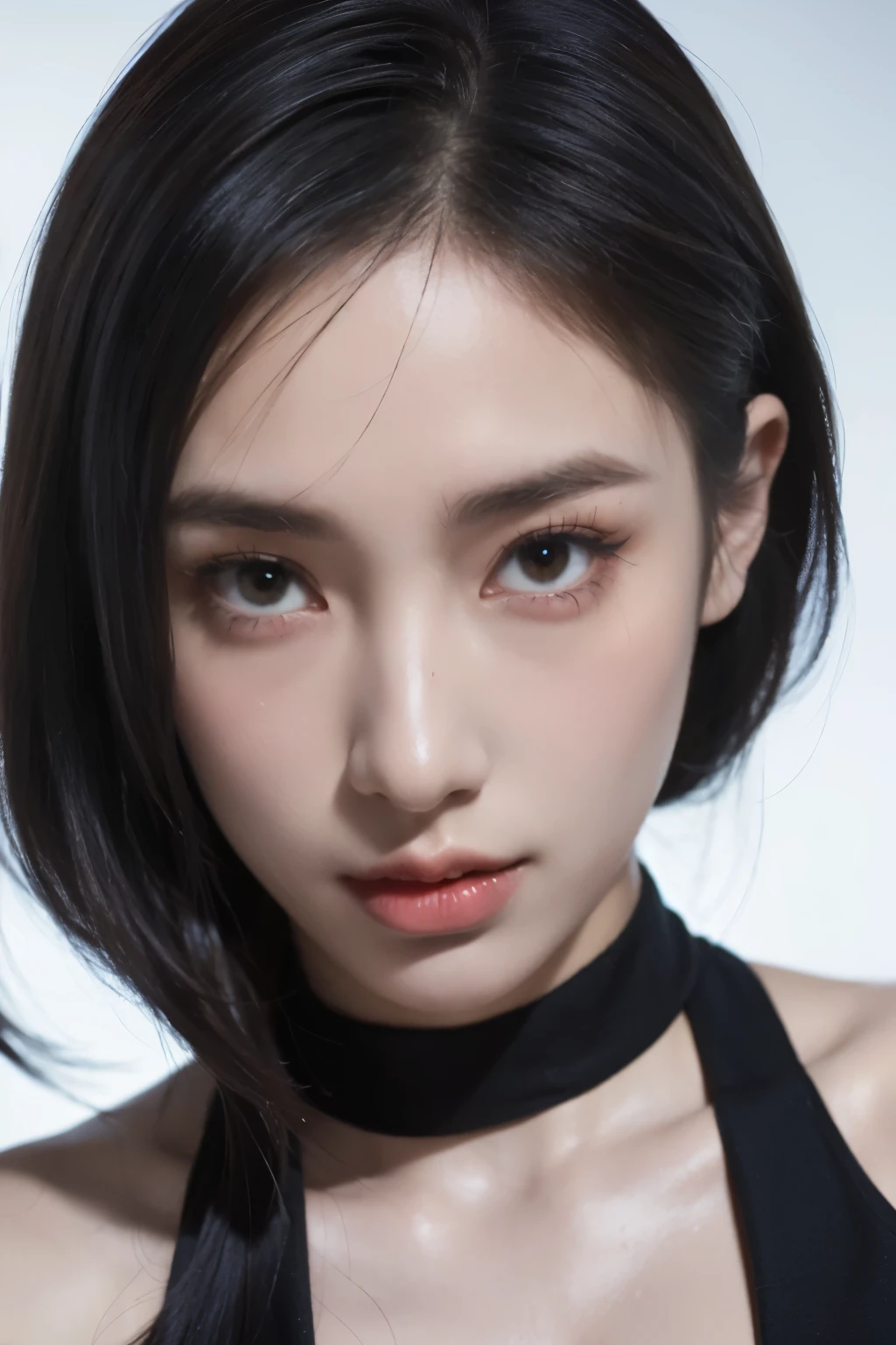 tmasterpiece,Best quality,A high resolution,8K,(Portrait),((Head close-up)),real photograph,digital photography,(Female scientists in sci-fi style),20 year old girl,Random hairstyles,By bangs,(Random Color Eyes),(Random-colored hair),A plump chest,cleavage,Elegant and noble,Serious and indifferent,Open white coat,Black tube top bra,rich details,Keep your mouth shut,Intricate ornaments,Cyberpunk futuristic style,(Female scholars),white backgrounid,oc render reflection texture
