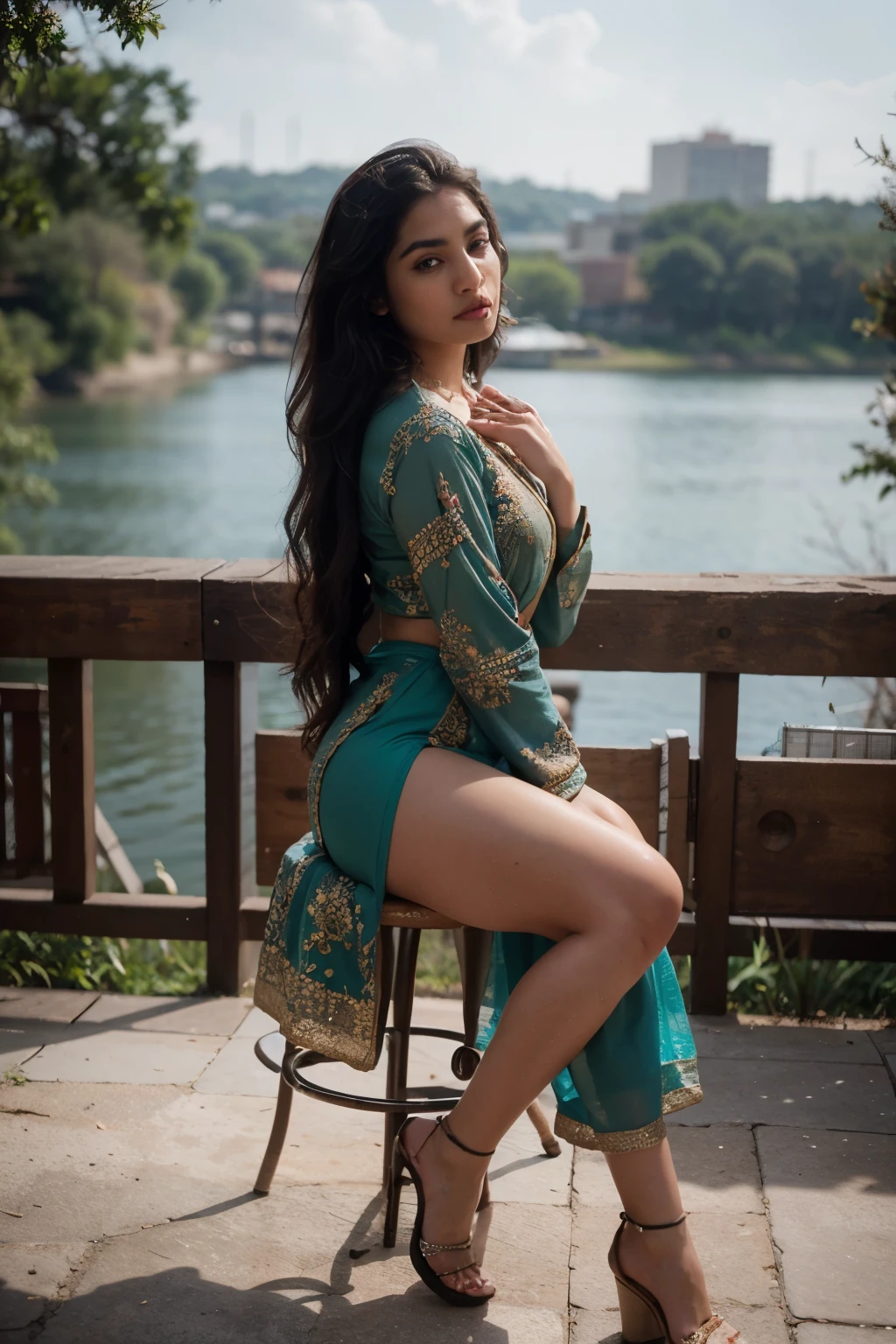 ultra-realistic photographs,Indian Instagram female model,mid 20s,9:16,mid-shot,beautiful detailed eyes,detailed lips,longeyelashes,black stylish hair, naturally full eyebrows,perfectly formed nose,expressive face,attractive appearance,candid photo,vibrant and colorful salwar-kameez dress, heavily embroidered dress, lake background, serene atmosphere,stunning architecture,soft and natural lighting,vivid colors,photorealistic,HDR,highres,studio lighting,ultra-detailed,bokeh,fully covered clothes.She is wearing a high heel and anklet
